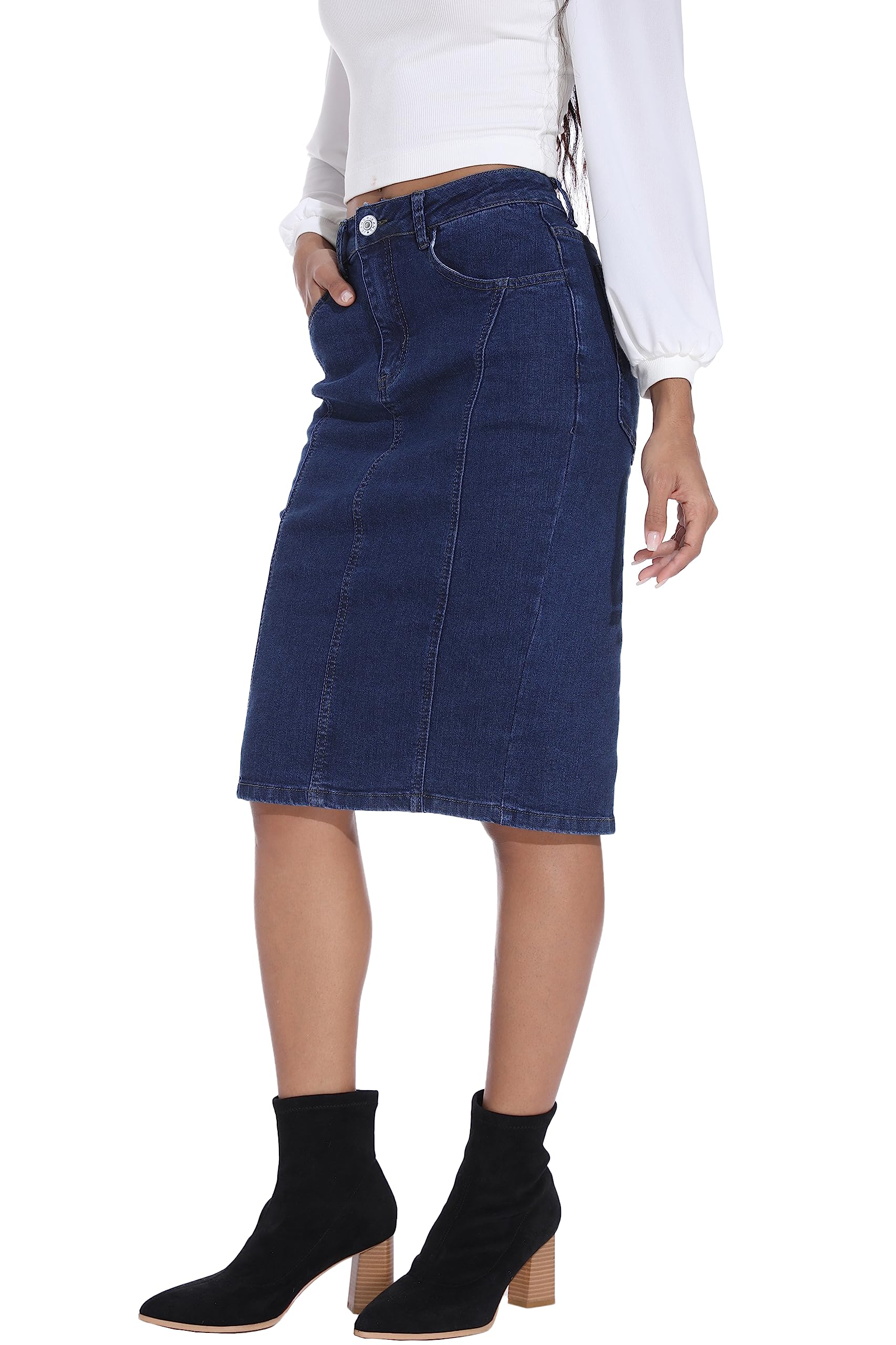 GUANYY Jeansrock für Damen, hohe Taille, knielang, schmale Passform, Bleistift-Stretch-Jeansrock