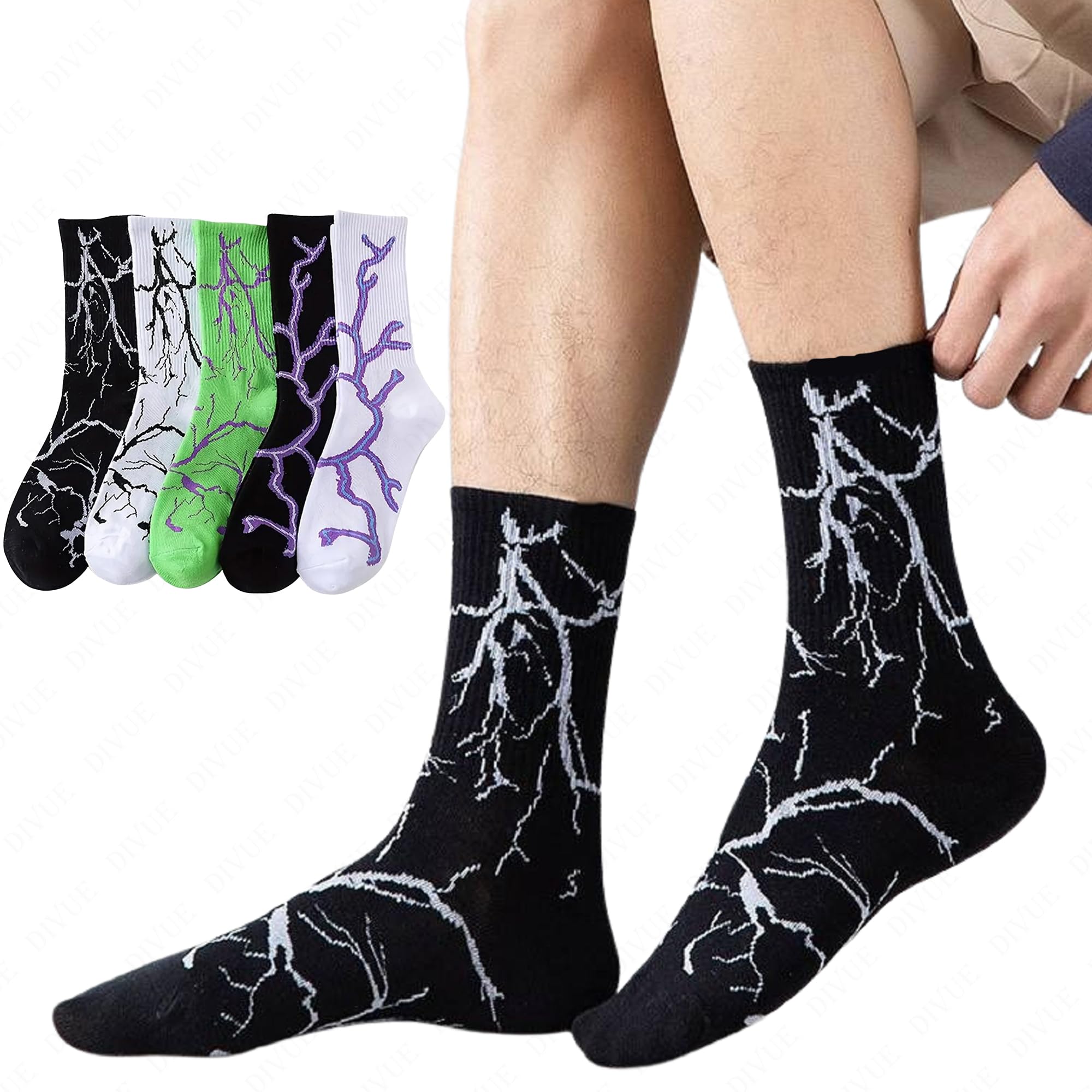 Crew Length Socks for Men and Women Pack of 5 Multicolor Storm Lightning Design Sports Gym Yoga Socks Comfortable Breathable Stretch Athletic Daily Wear Durable Socks-image-33
