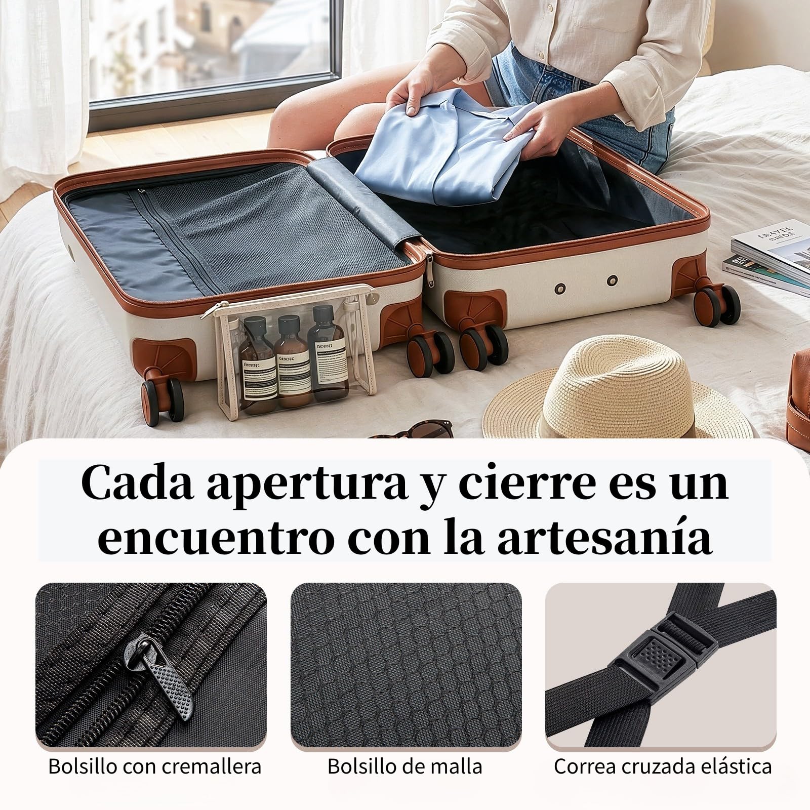 LEADZM Juego de Maletas de 5 Piezas con Neceser (Beige-Marrón) | Maletas de Viaje Grandes 23 Kilos, Maleta Cabina, Mediana, Maleta de Viaje