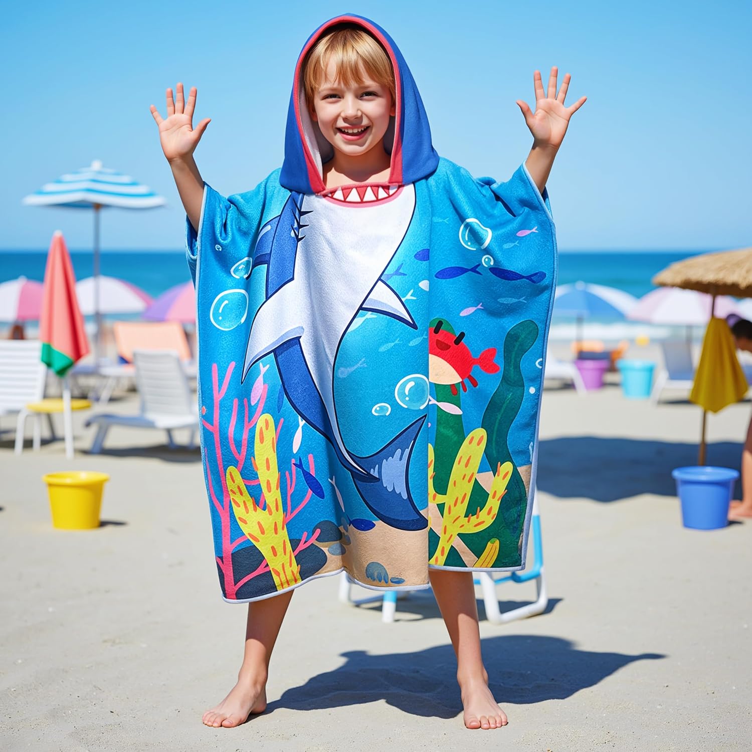 Shark Hooded Towels for Kids, with Backpack, Kids Beach Towel 30"x 25" for 3-10 Years, Shark Gifts for Boys Girls, Toddler Swim Cover Up & Bath Robe for Beach Pool, Soft Microfiber - Image 6