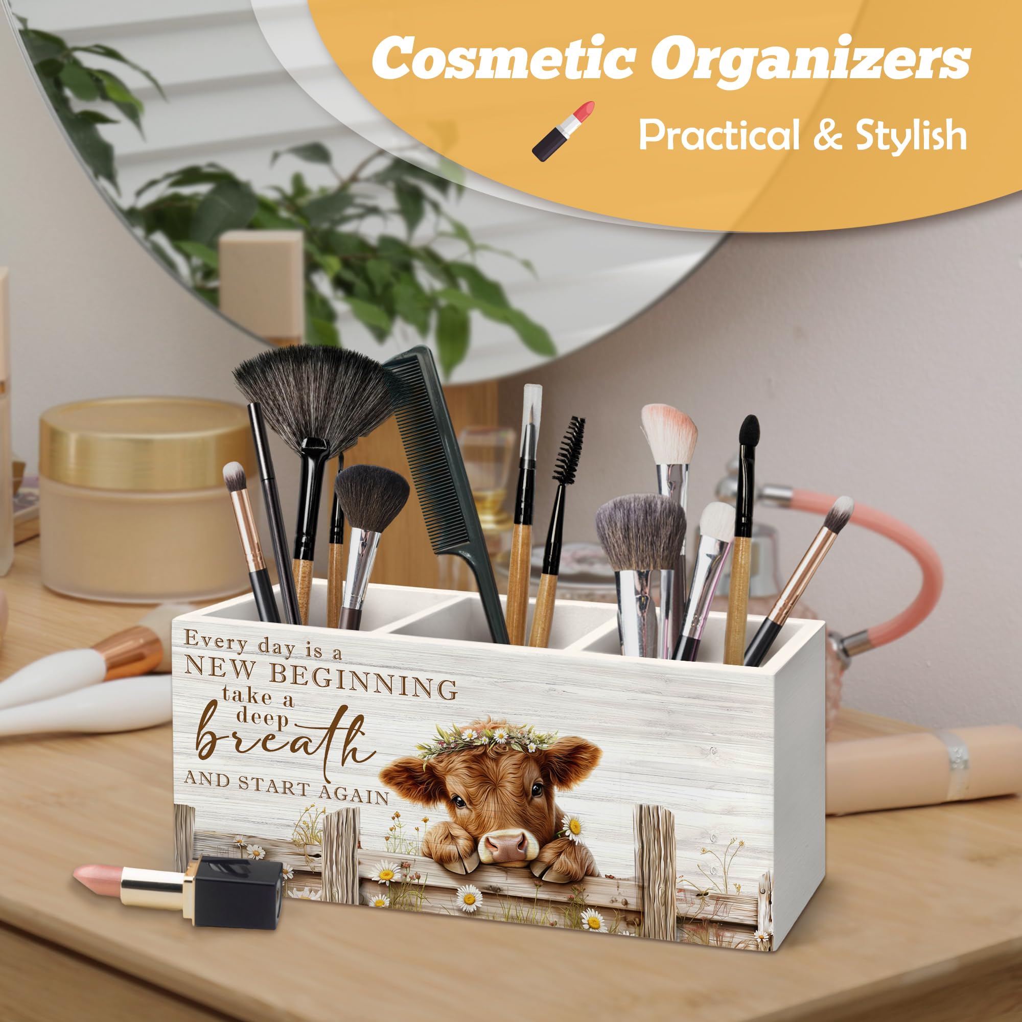 Motivierender Stiftehalter aus Hochlandkuh, Organizer für Schreibtischzubehör, Hochlandkuh, Geschenke für Frauen, Bauernhaus, Gänseblümchen, Blumenfärse, Holzbox, Schild