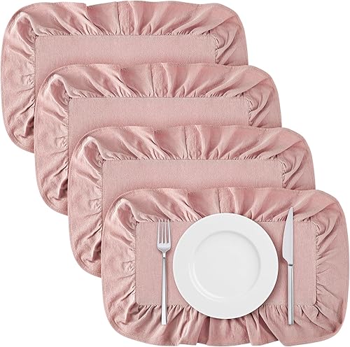 Miniatura 1 de Frienda Juego de 4 manteles individuales rectangulares con volantes, mantel individual festoneado rosa de 13.8 x 17.7 pulgadas, lavable a máquina,