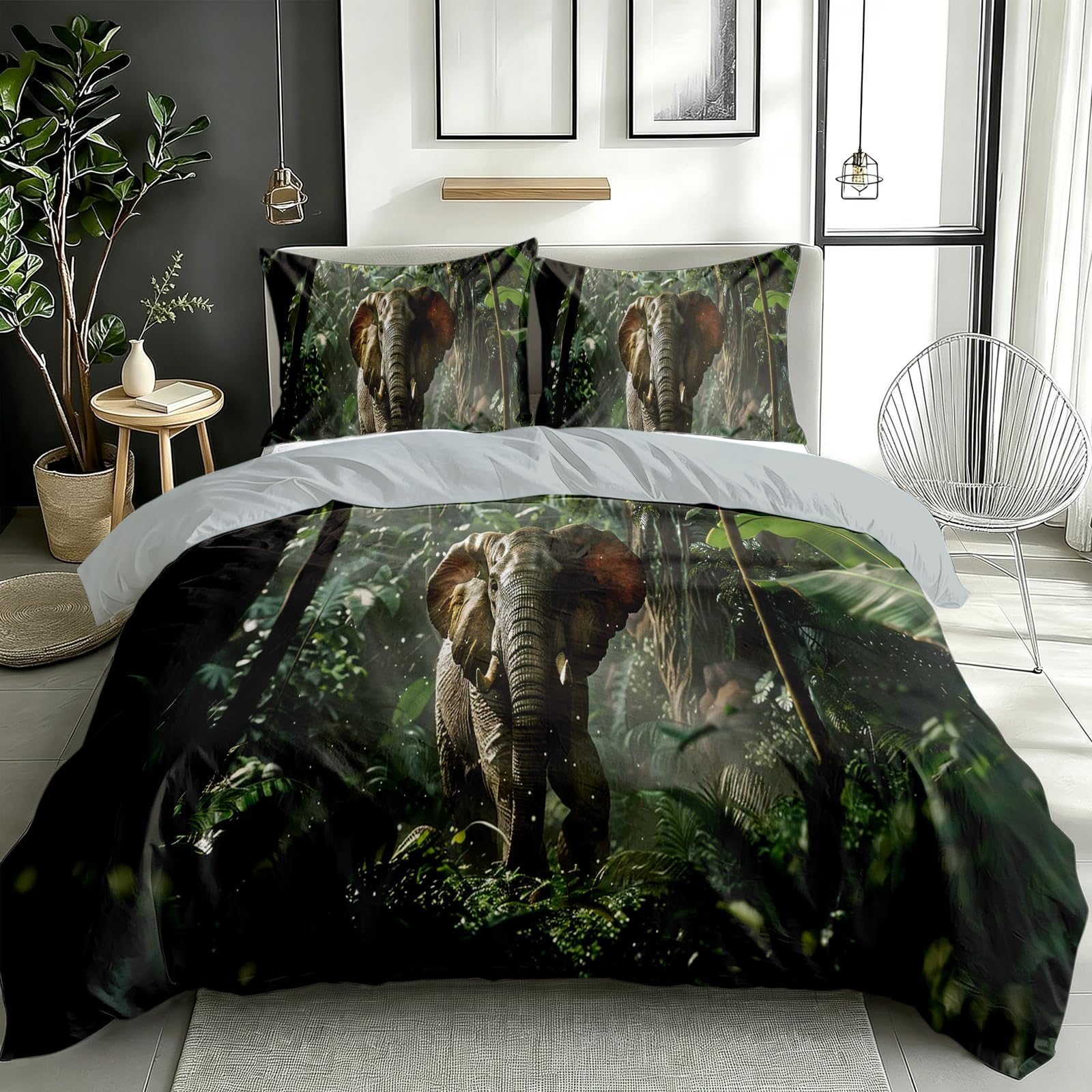 Housse de Couette éléphant Jungle 200x200 2 Personnes, Deco Cadeau