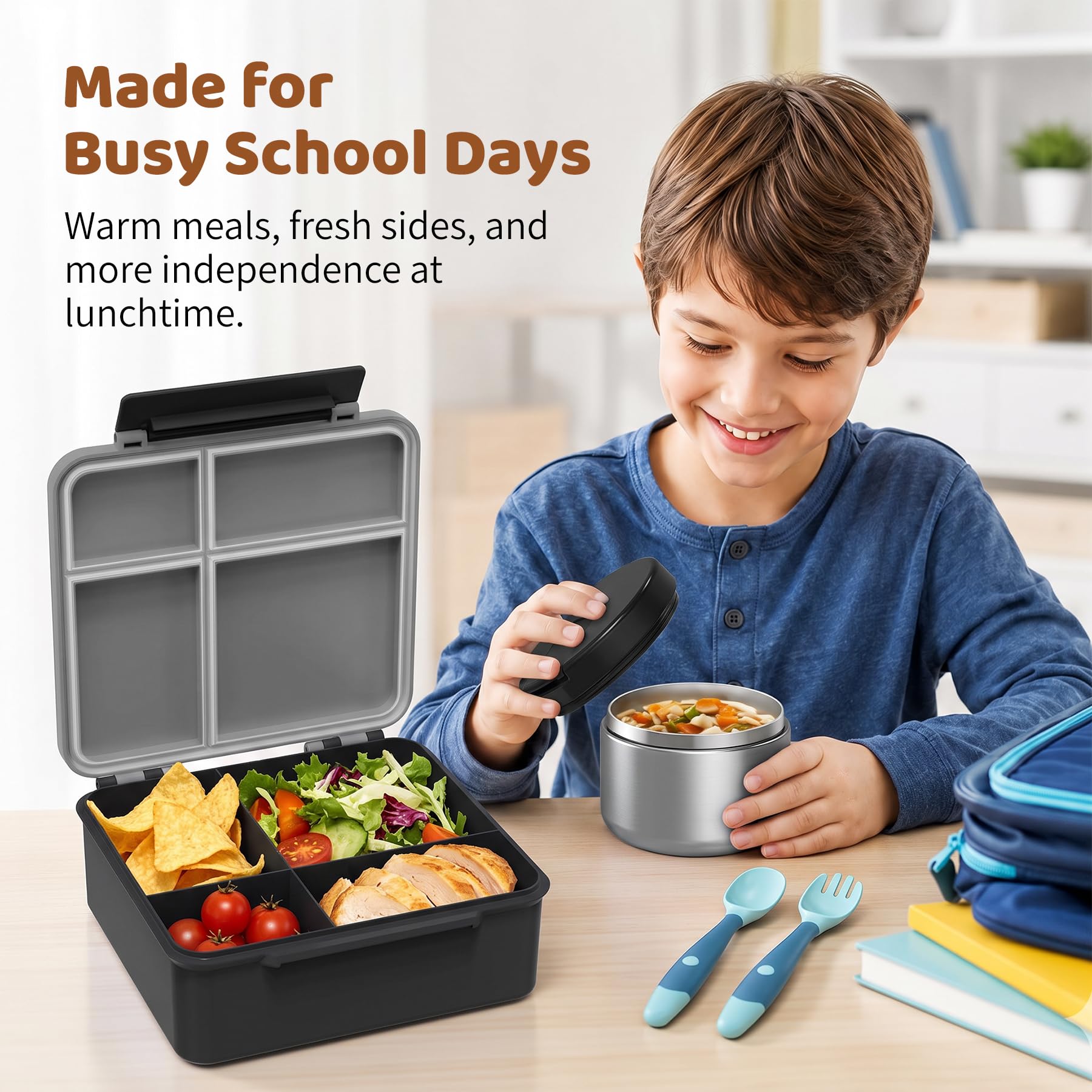Pawtong Lonchera Bento con termo de sopa de 8 onzas, recipientes de comida a prueba de fugas para niños con 4 compartimentos, tarro de comida caliente con aislamiento térmico para niños, para la