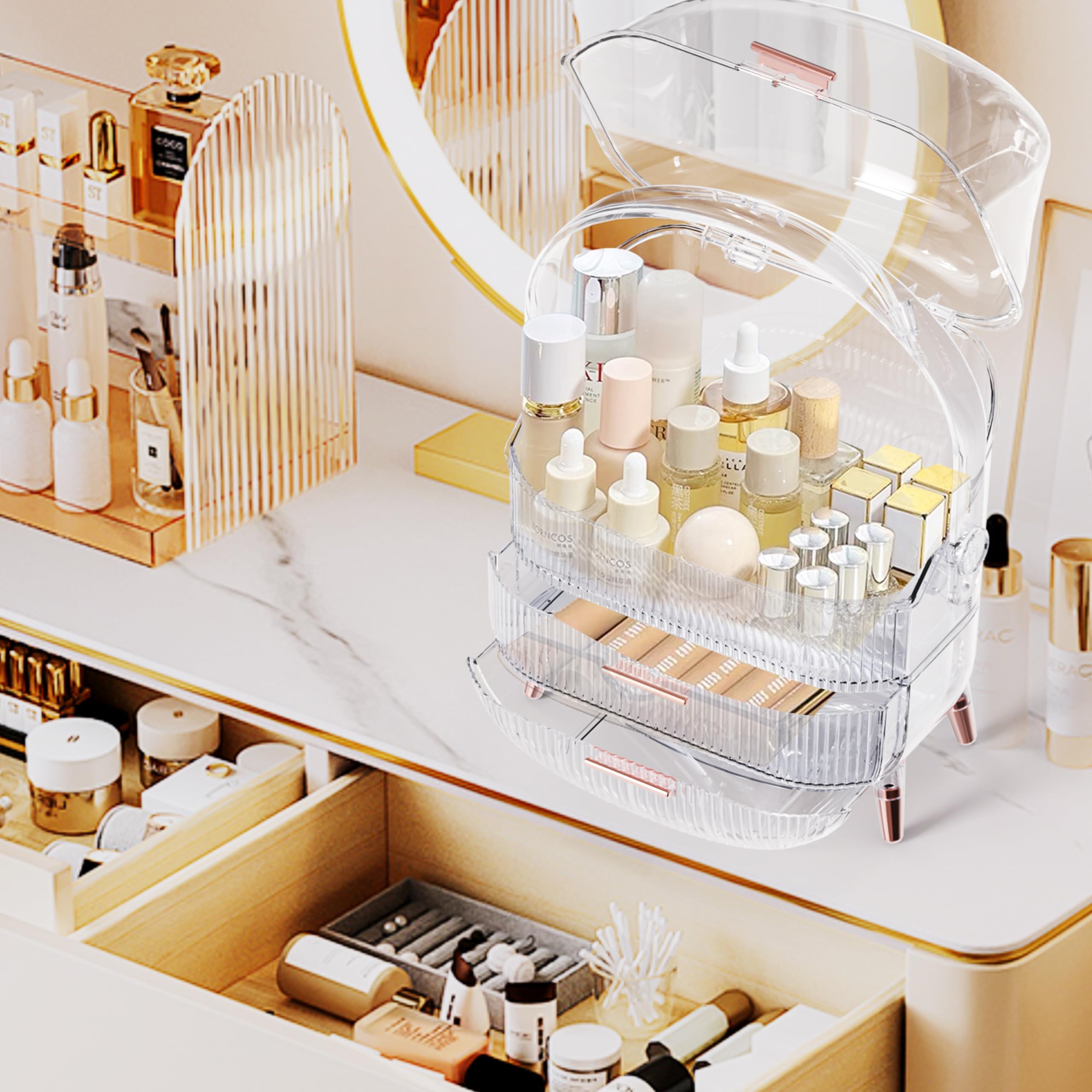 Makeup Storage Organizer, Large Capacity Makeup Case with Drawers, Cosmetic Storage Display Box, Clear Makeup Organizer for Vanity, Skincare Organizers for Bathroom, Dresser (CRYSTAL)