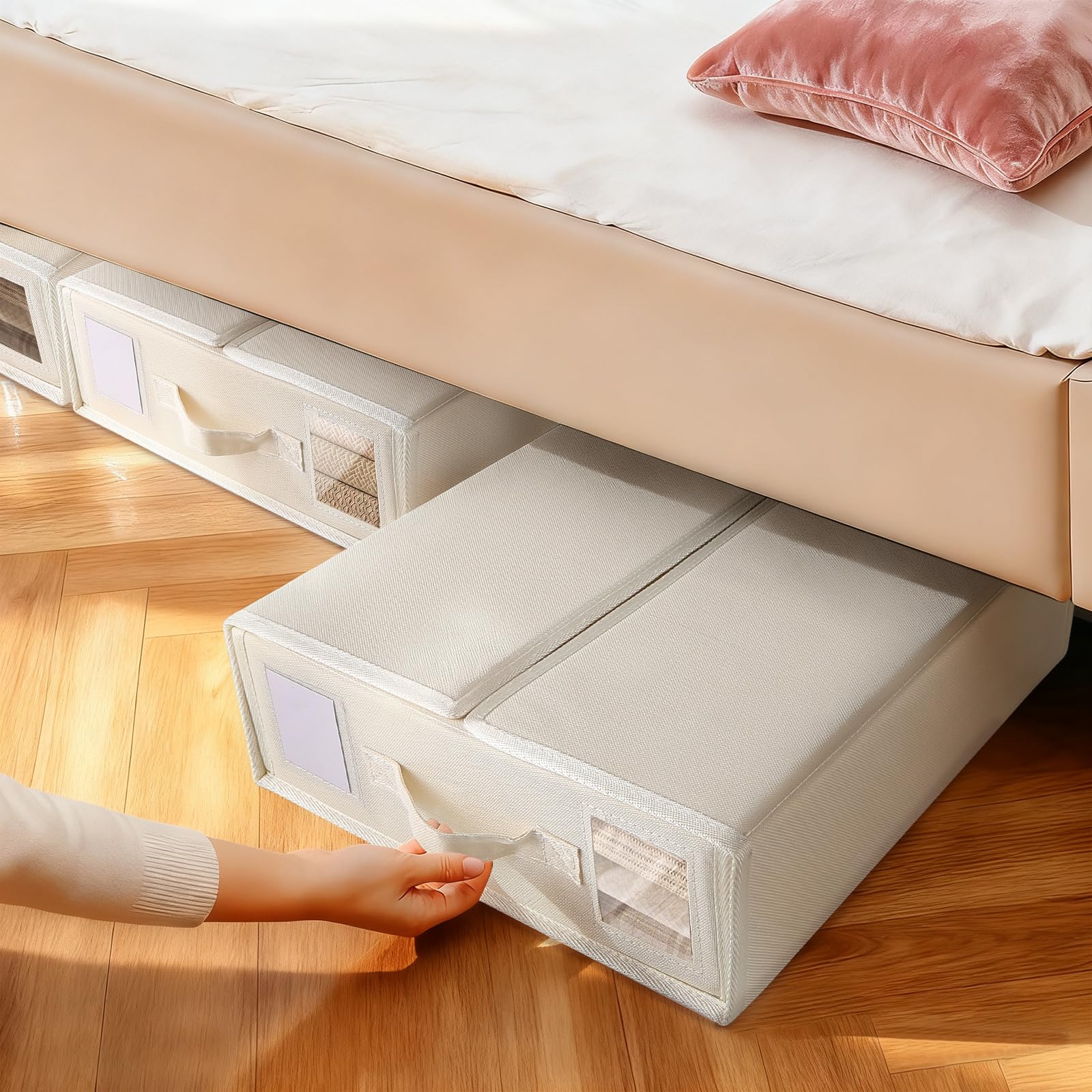 6 Pezzi Organizer Lenzuola, Pieghevole Scatola Organizer per Biancheria da Letto, Tessuto Oxford Contenitori Sottoletto per Lenzuola Copripiumini Coperte (Beige)
