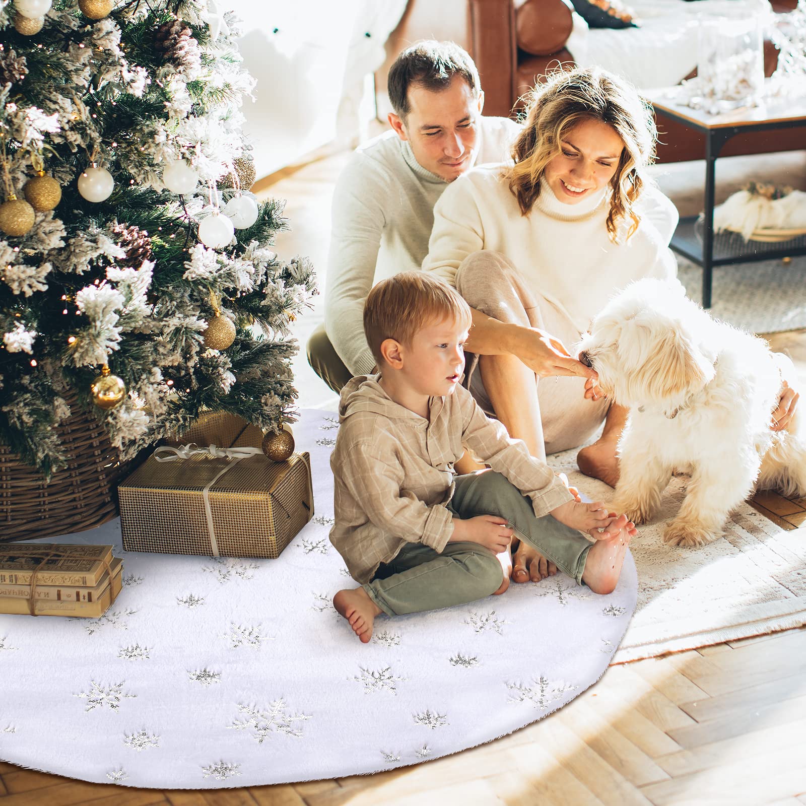 Couverture de sapin de Noël 120 cm blanche en peluche fausse fourrure flocons de neige argentés
