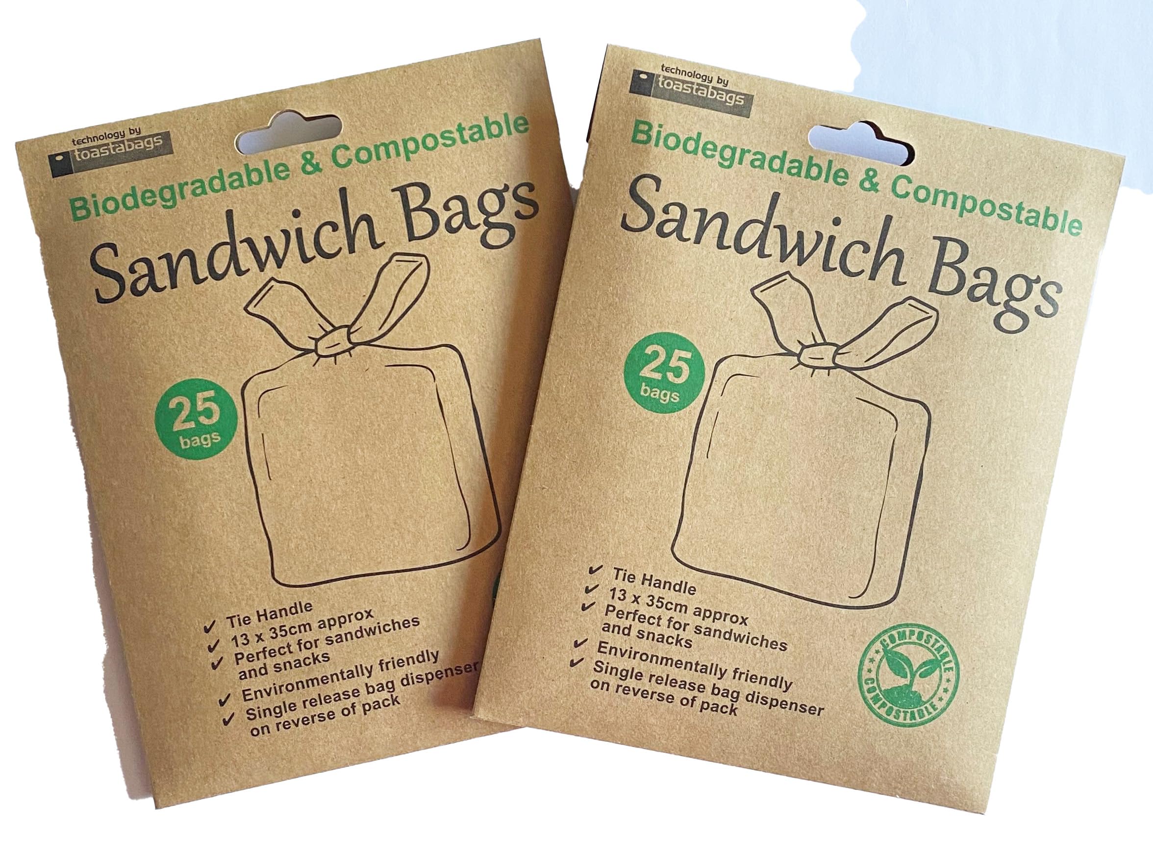 Toastabags Brown Biodegradable Sandwich Bags, 50-Count, 13 X 35 Cm, Compostable With Tie Handle