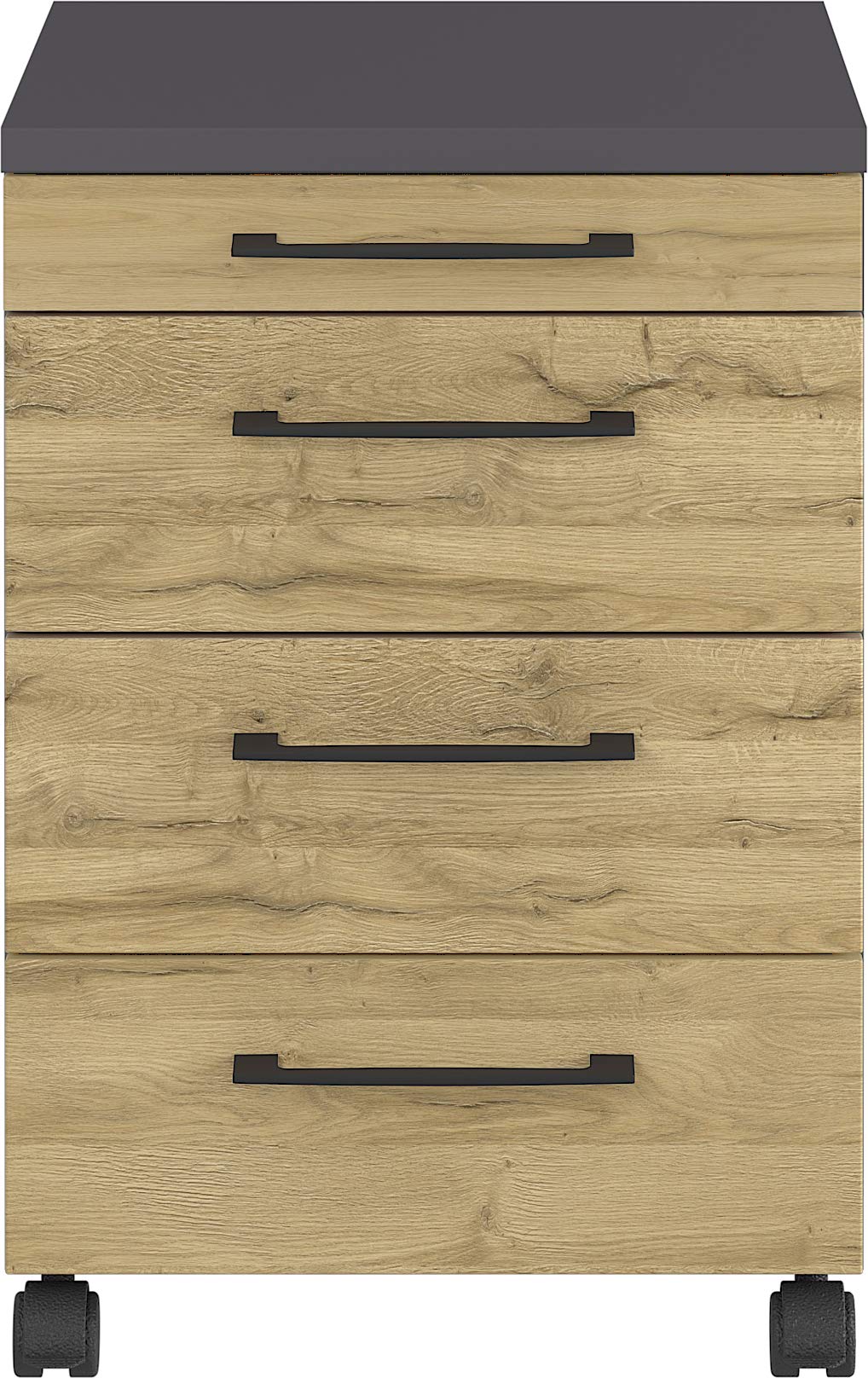 GERMANIA DIE MÖBELMACHER Rollcontainer, mit Vier Schubladen, Utensilienfach und feststellbaren Laufrollen, in der Farbe Graphit/Eiche, 42 x 61 x 49 cm (BxHxT)
