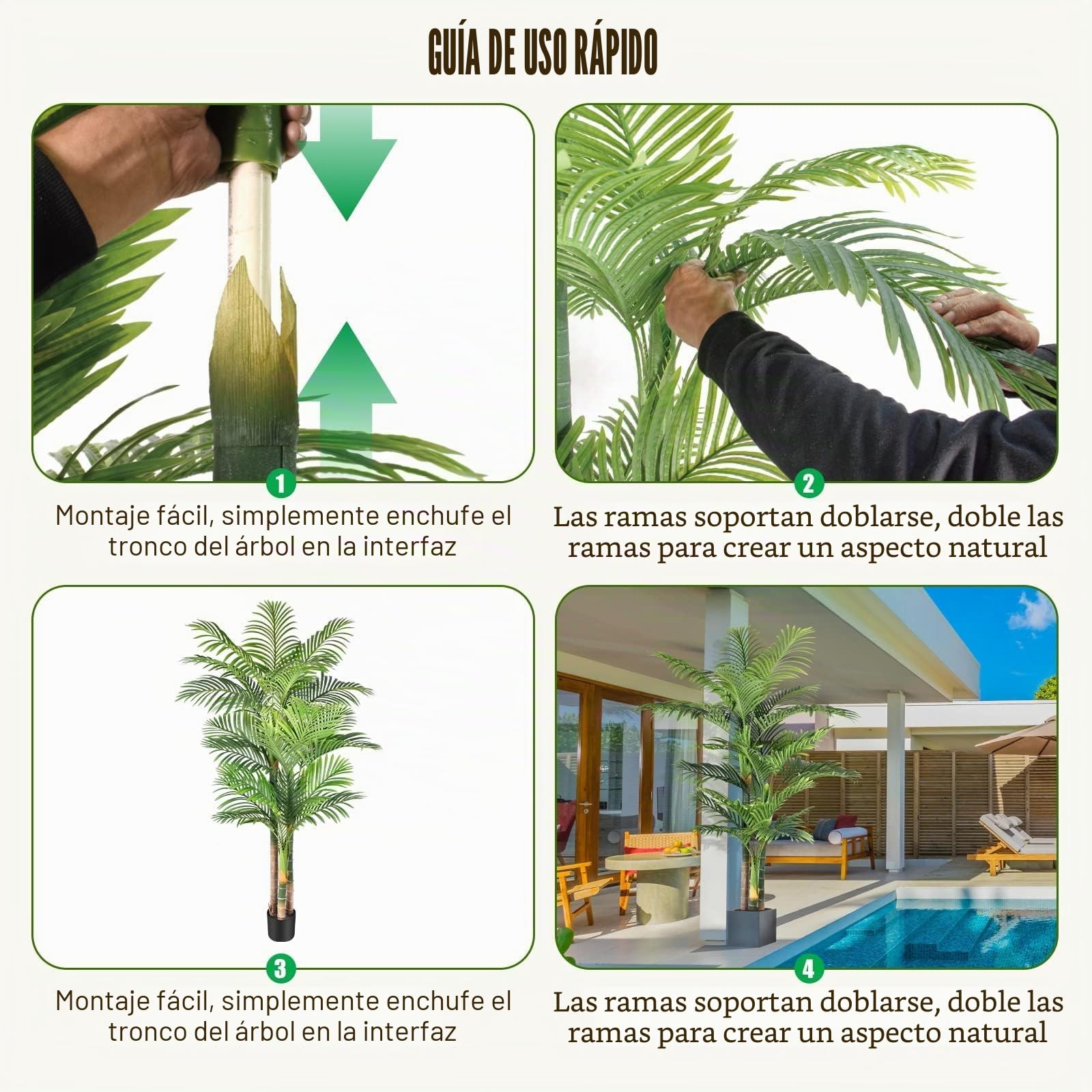 Palmera Artificial Triple Dorado 180cm, Planta Artificial Exterior Grande, arbol Artificial Interior o Exterior Alta para Patio Junto a la Piscina Césped Oficina Salón Balcón Jardín (1Pack)