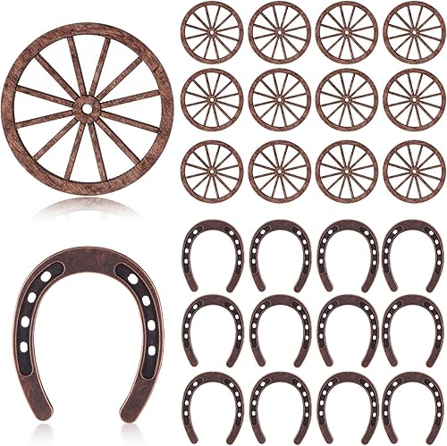 Junkin 24 piezas de decoración de fiesta con temática occidental, mini herraduras, sombreros de vaquero, decoración de rueda de vagón para