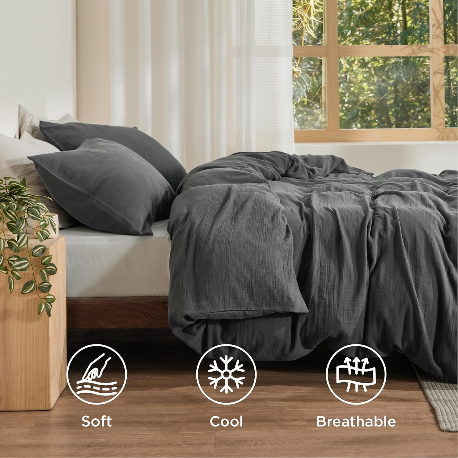 Bedsure Muslin Duvet Cover Queen Size - Cotton Blend Rayon Derived from Bamboo, Cooling Duvet Covet for Hot Sleepers - Ultra-Soft & Breathable Bedding Set for All Seasons(Dark Grey, 90"x90") - Image 2