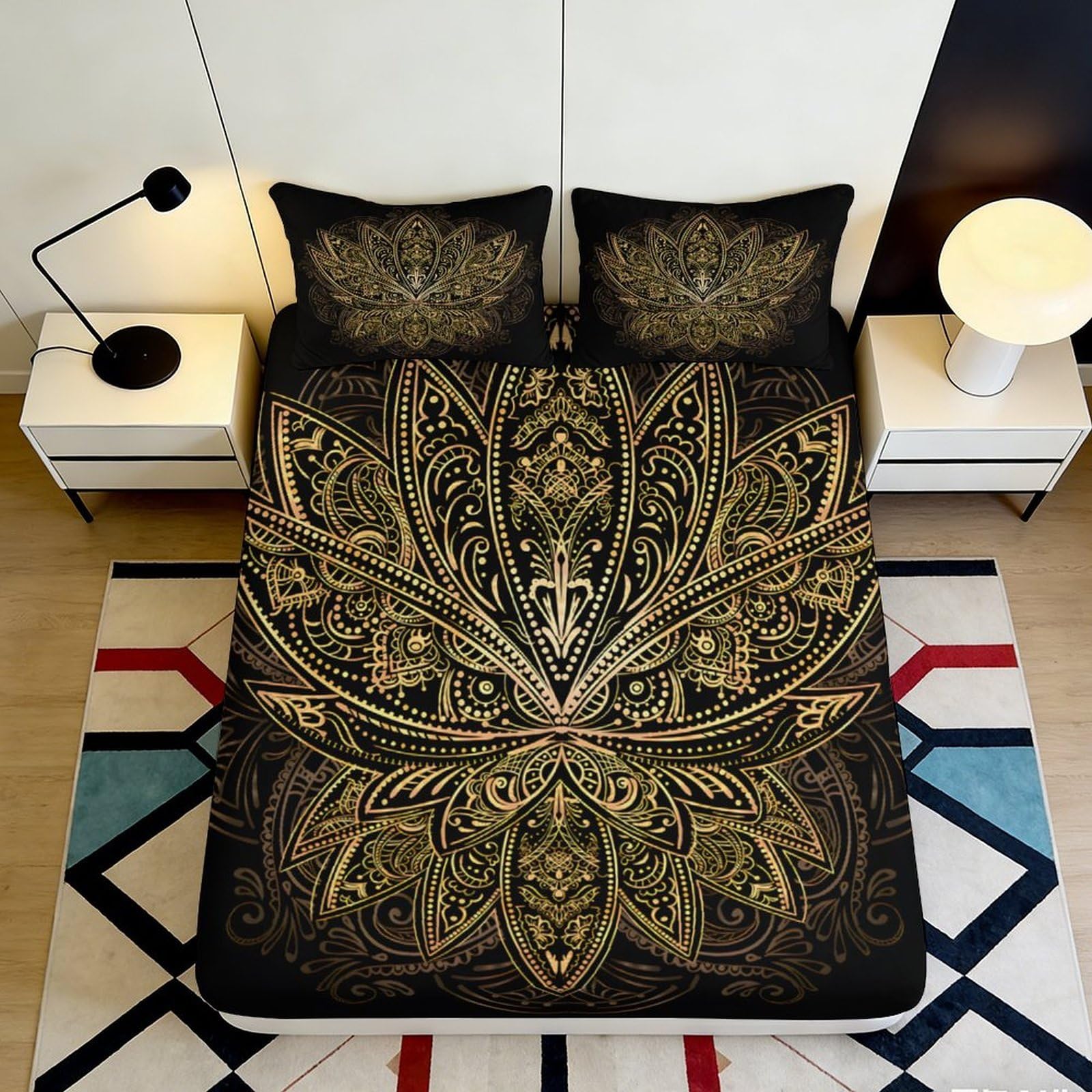 3D Printed Bohemian Pattern Fitted Sheet Microfiber Deep Pocket Bedroom Bedding Boho Mattress Fitted Cover Non-Slip Full Wrap 200x200x25cm 90x200x25cm