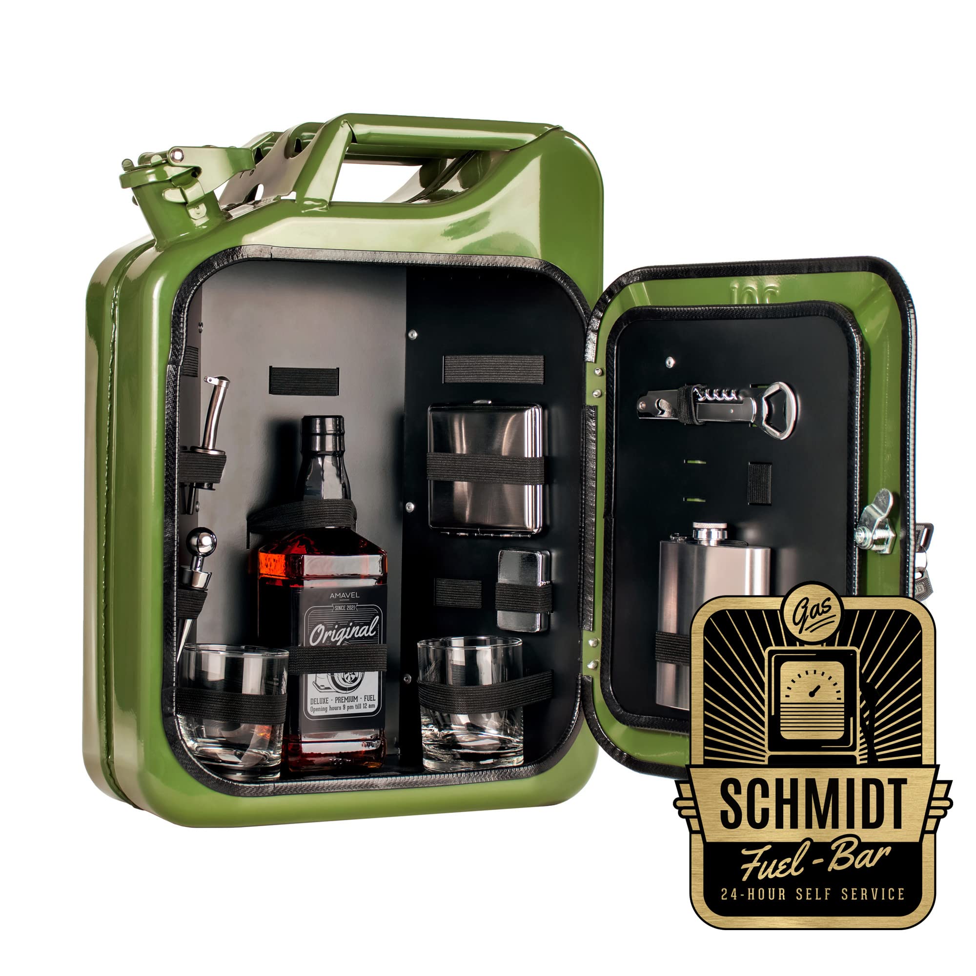 AMAVEL Kanister Bar 20 l mit Plakette und Namensgravur, Grüner Benzinkanister Minibar mit 8-teiligem Zubehör-Set, Barschrank im Vintage Look inkl. 2 Gläsern und Flaschenhalter