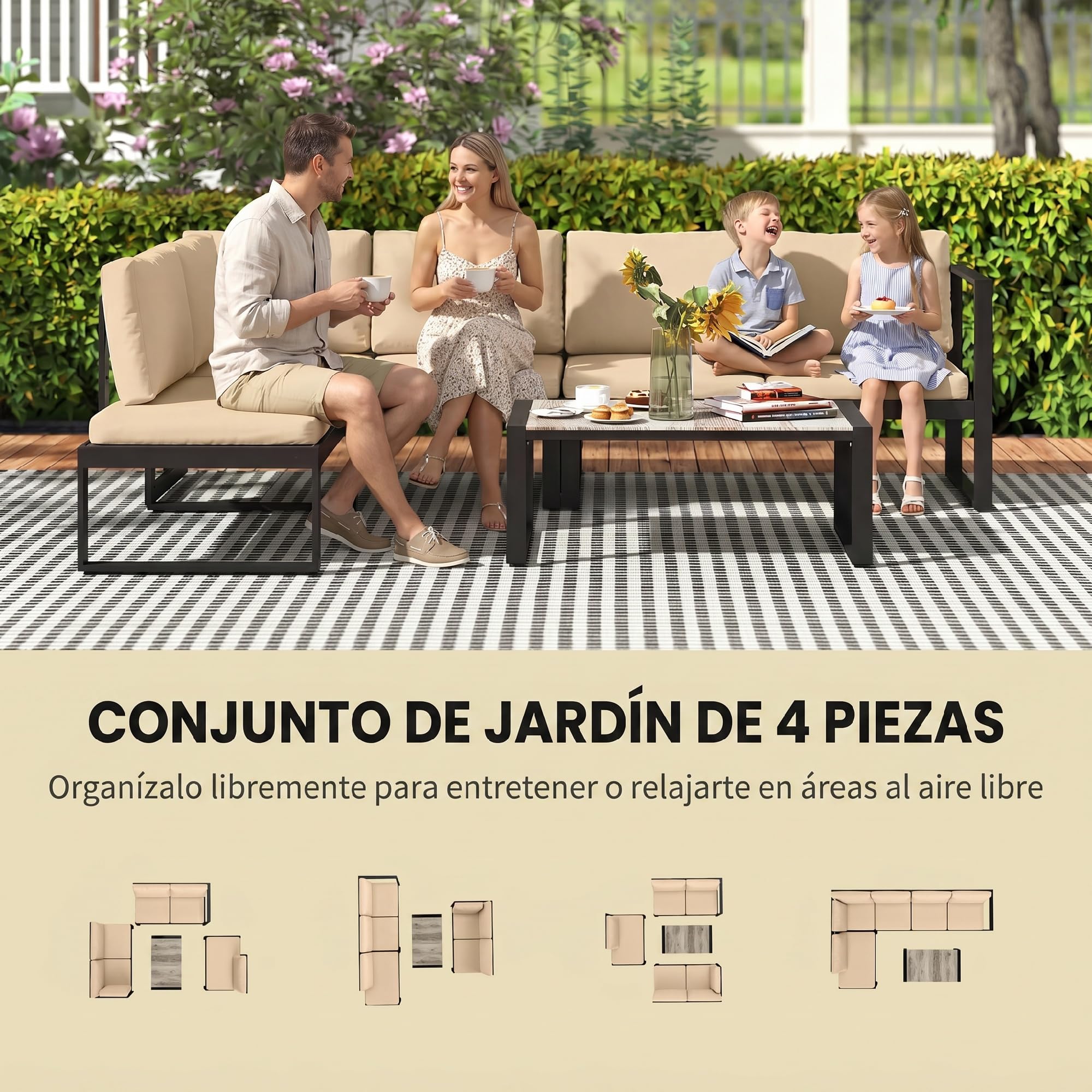 Outsunny Conjunto de Jardín Exterior de 4 Piezas, Muebles Jardín Exterior con 2 Sofás de 2 Plazas, 1 Sillón sin Brazos y Mesa de Centro, Conjunto de Sofá con Estructura de Acero y Cojines, Caqui