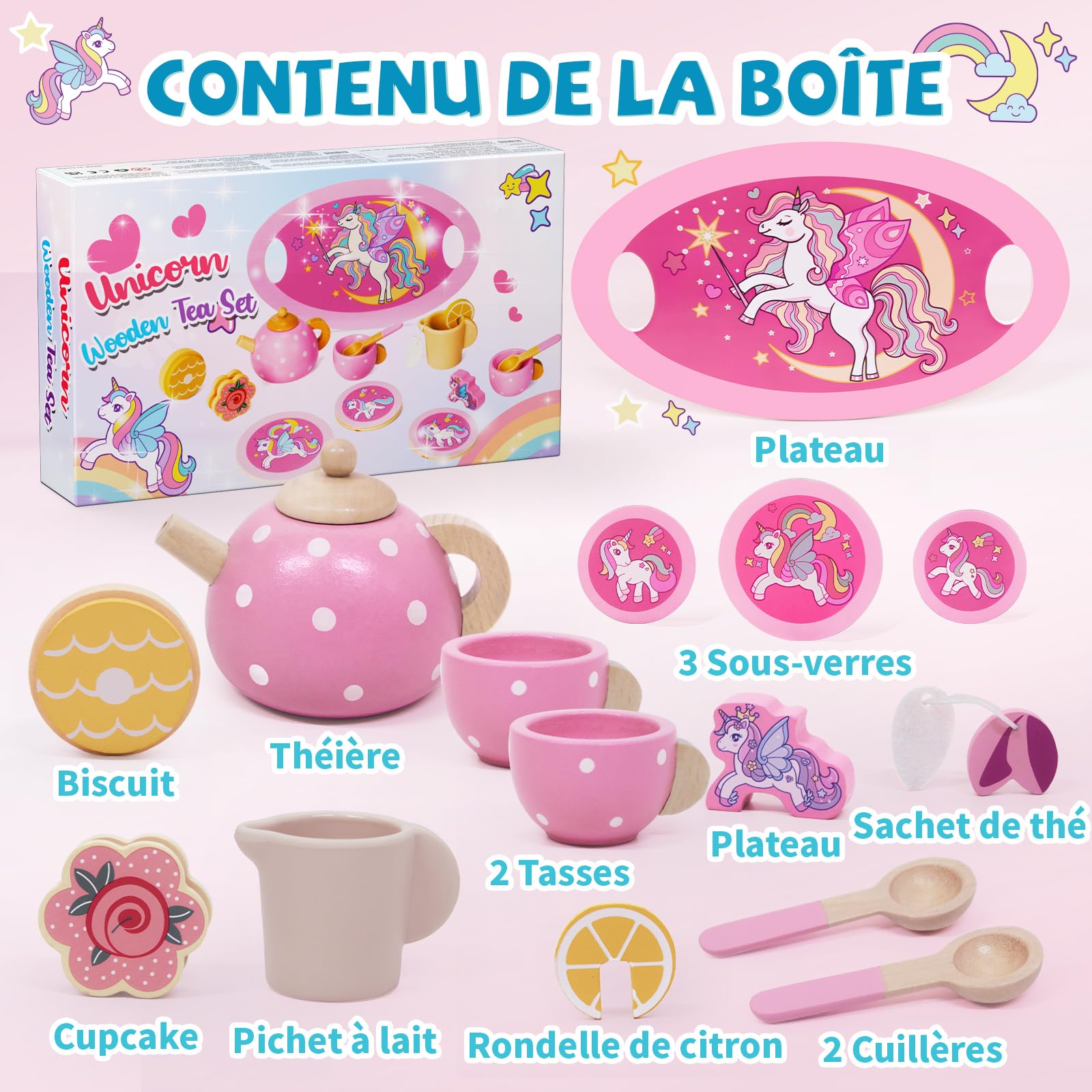 Jouet Fille 2-6 Ans,Licorne Services à Thé en Bois Montessori, Accessoire Cuisine Enfant avec Figurine Licorne et Dessert, Dinette Enfant 2-6 Ans Cadeau Anniversaire Cadeaux de Pâques pour Enfants