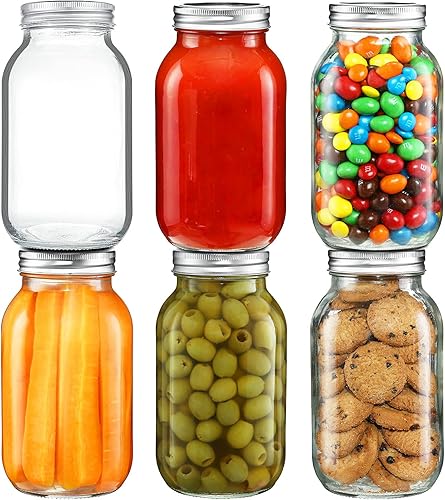 YEBODA Tarros de conservas de 32 onzas con tapas herméticas y bandas, paquete de 6 ideales para conservar, preparar comidas, avena durante la noche,