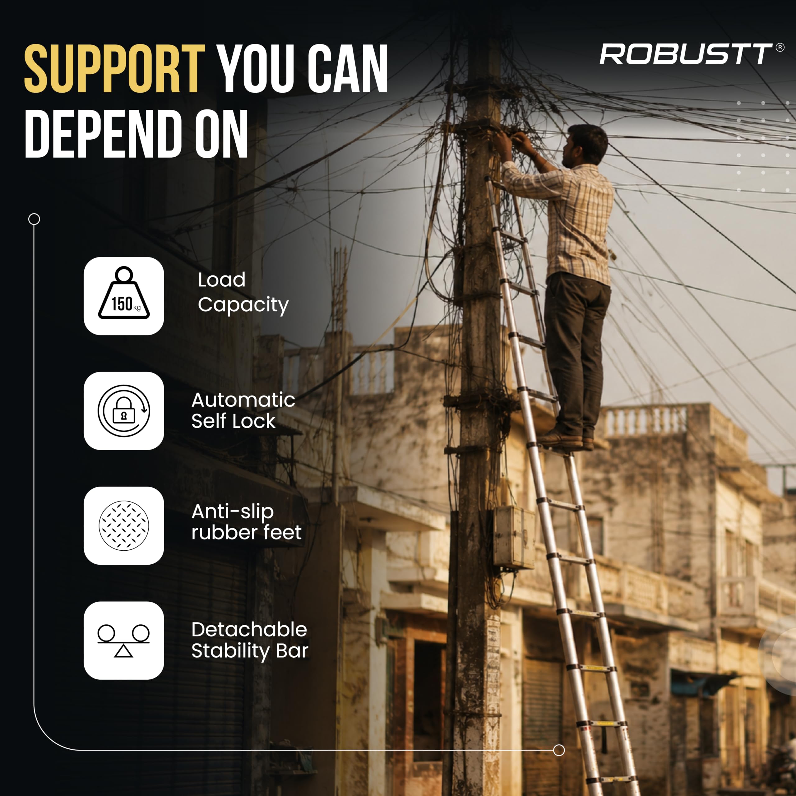 Robustt 12.5 FT / 380 Cm Telescopic Folding Ladder | 150 kg Load Capacity| Locking Steps| Collapsible | Portable Ladder for Home, Construction and Outdoor use | 2 Years Warranty — Amazon image 4