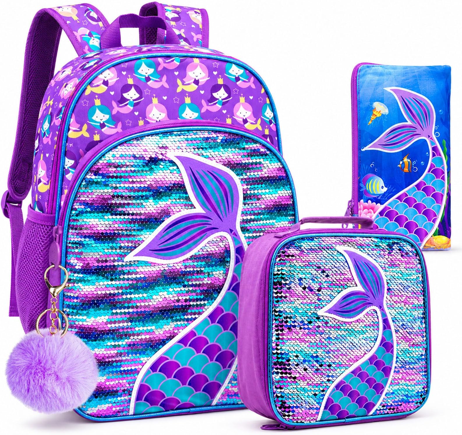 gxtvo 3PCS Girls Backpack, 16" Sequin Prechool Elementary Bookbag and Lunch Box
