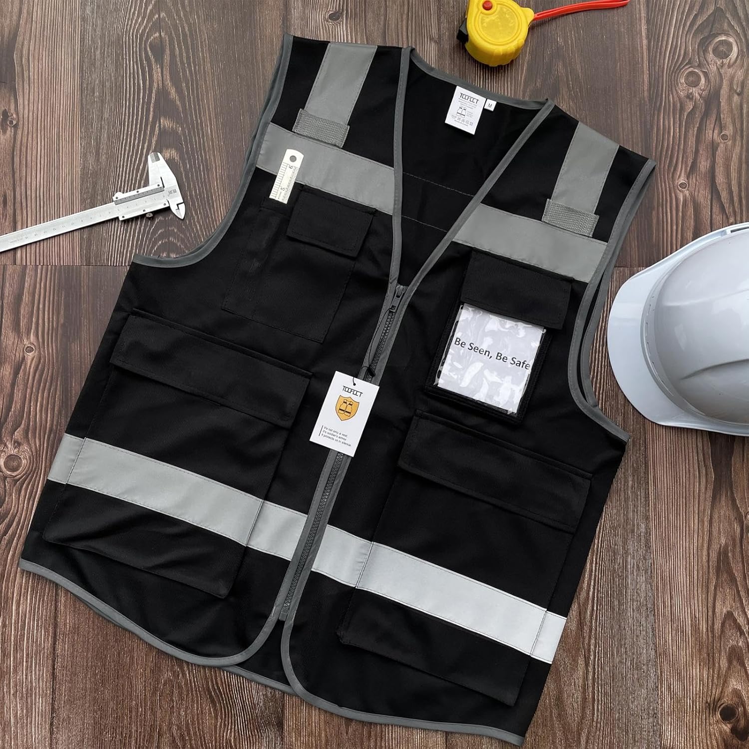 TCCFCCT Reflective Safety Vest 5 Pockets High Visibility Safety Vest for Men Women, Work Vest with Horizontal Strip for Walkie-talkie, Durable and Fashion, Meets ANSI/ISEA Standards, Black, L - Image 5