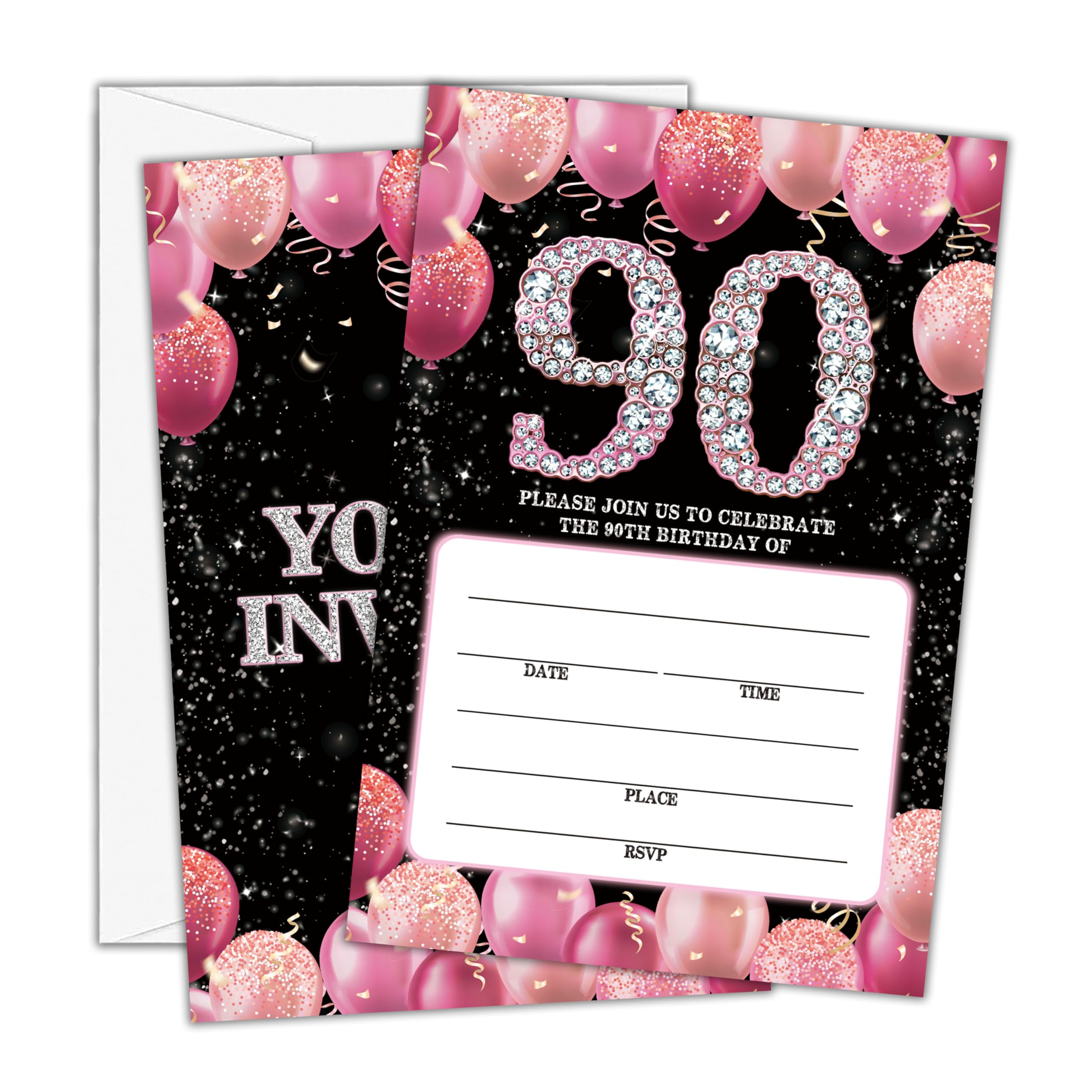 Beshoul Birthday Invitations for Women Men - 90th Bday Invites with Envelopes(25-Count) - Pink Balloon Glitter Fill-in Invite Cards for Party Supplies