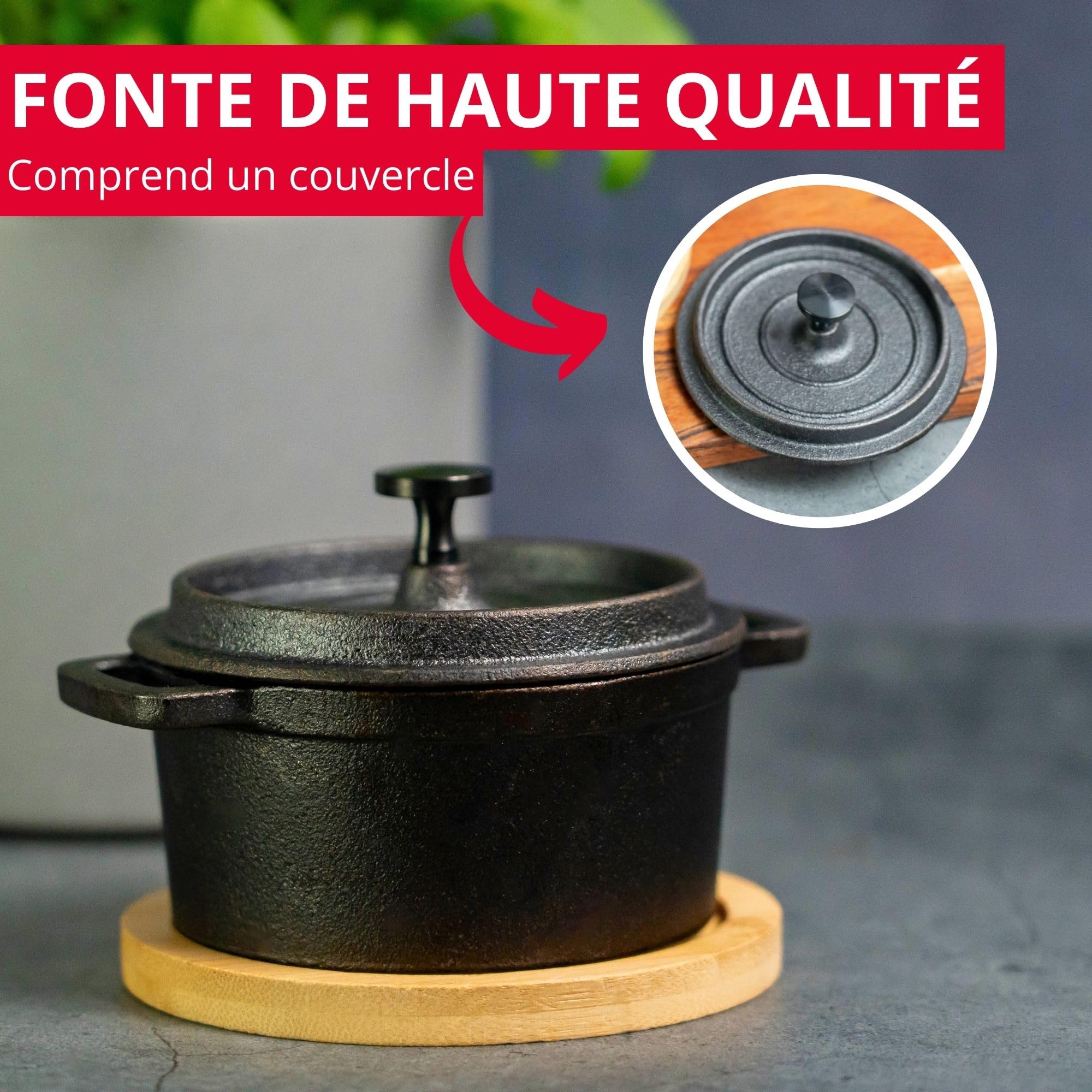 Westmark Tapas + Friends Petite casserole en fonte avec couvercle, convient à tous les types de feux, y compris l'induction et le barbecue, avec dessous de plat en bambou, fer, 250 ml