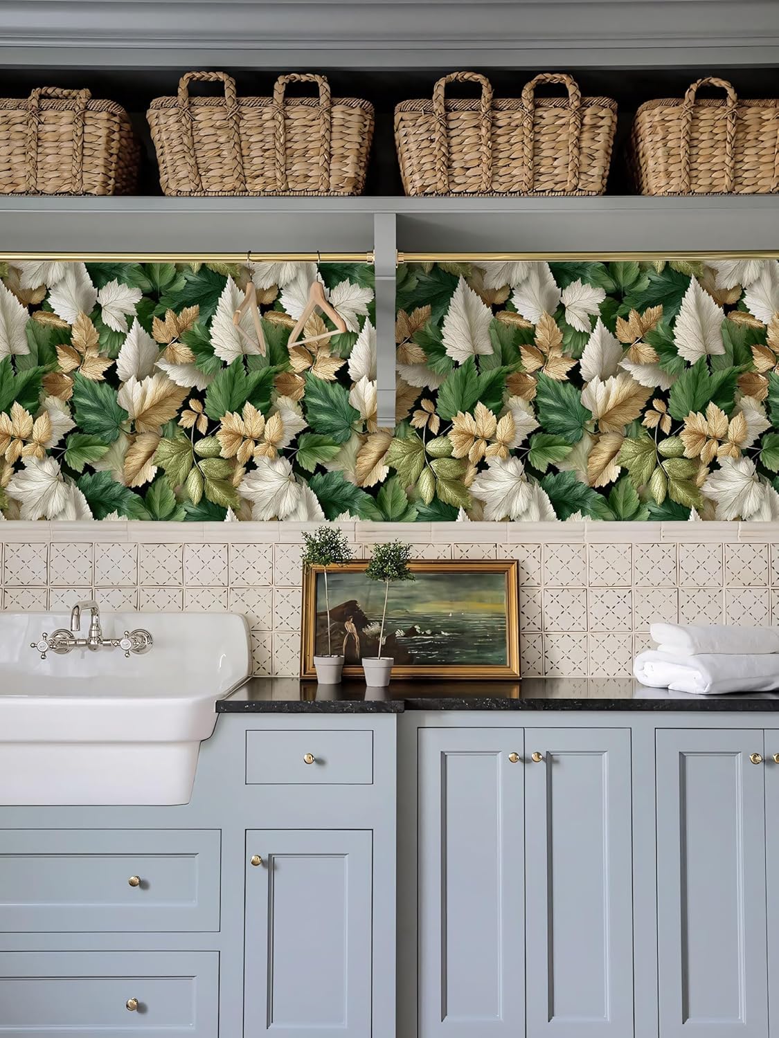 Autumn Botanical Leaf Peel and Stick Wallpaper, (Green, Gold and Cream) Vintage Textured Leaf Pattern Wallpaper for Home Decor | 17.7" x 236", Self-Adhesive, Waterproof Vinyl
