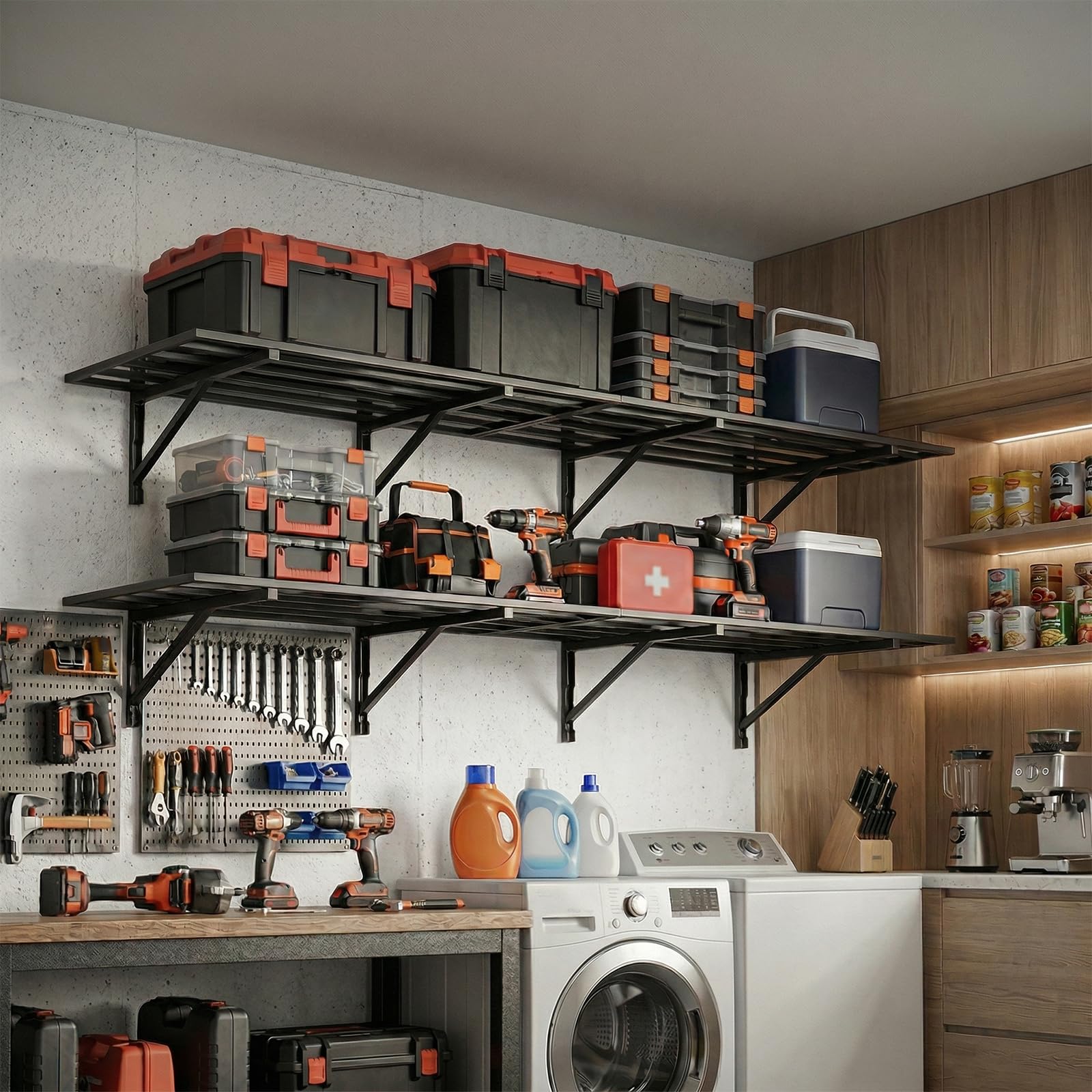 Noliven 4 Pack 2 x 3ft Garage Shelving Wall Mounted, 1600lbs Load Capacity, Adjustable PowerTool Organizer, Heavy Duty Storage Rack, Ideal for Warehouse, Garage, Black - 2