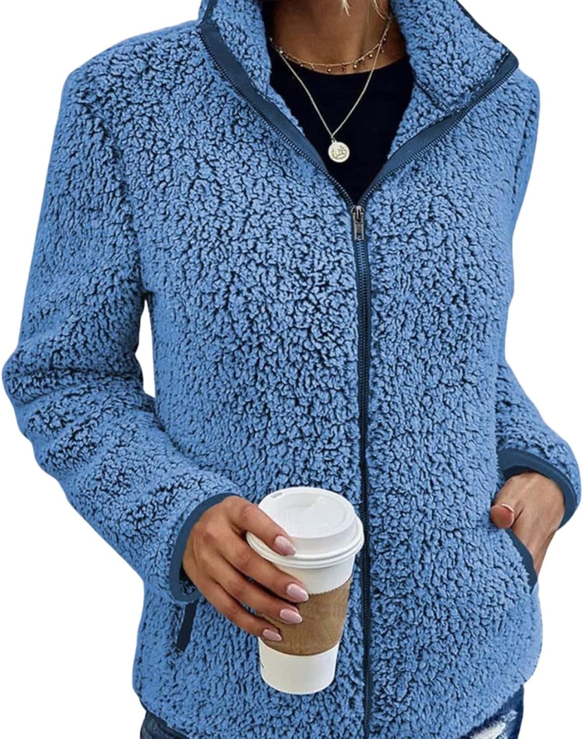 Womens Winter Jacket Casual Warm Plush Zipper Long Sleeve Standing Collar Coat with Pockets For Cold Weather