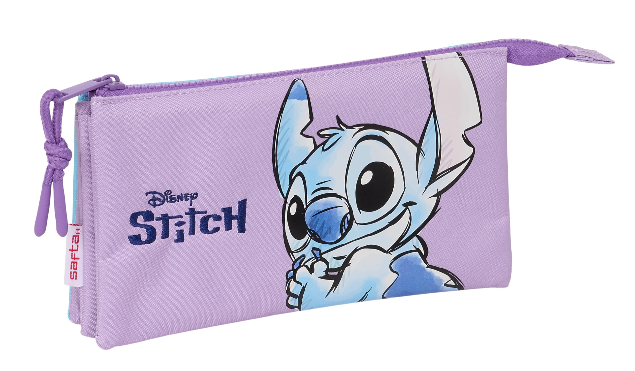 Stitch Sweet - Portatodo Triple, Estuche Infantil, Estuche Niño, Ideal para Niños en Edad Escolar, Cómodo y Versátil, Calidad y Resistencia, 22x3x12 cm, Color Azul/Lila