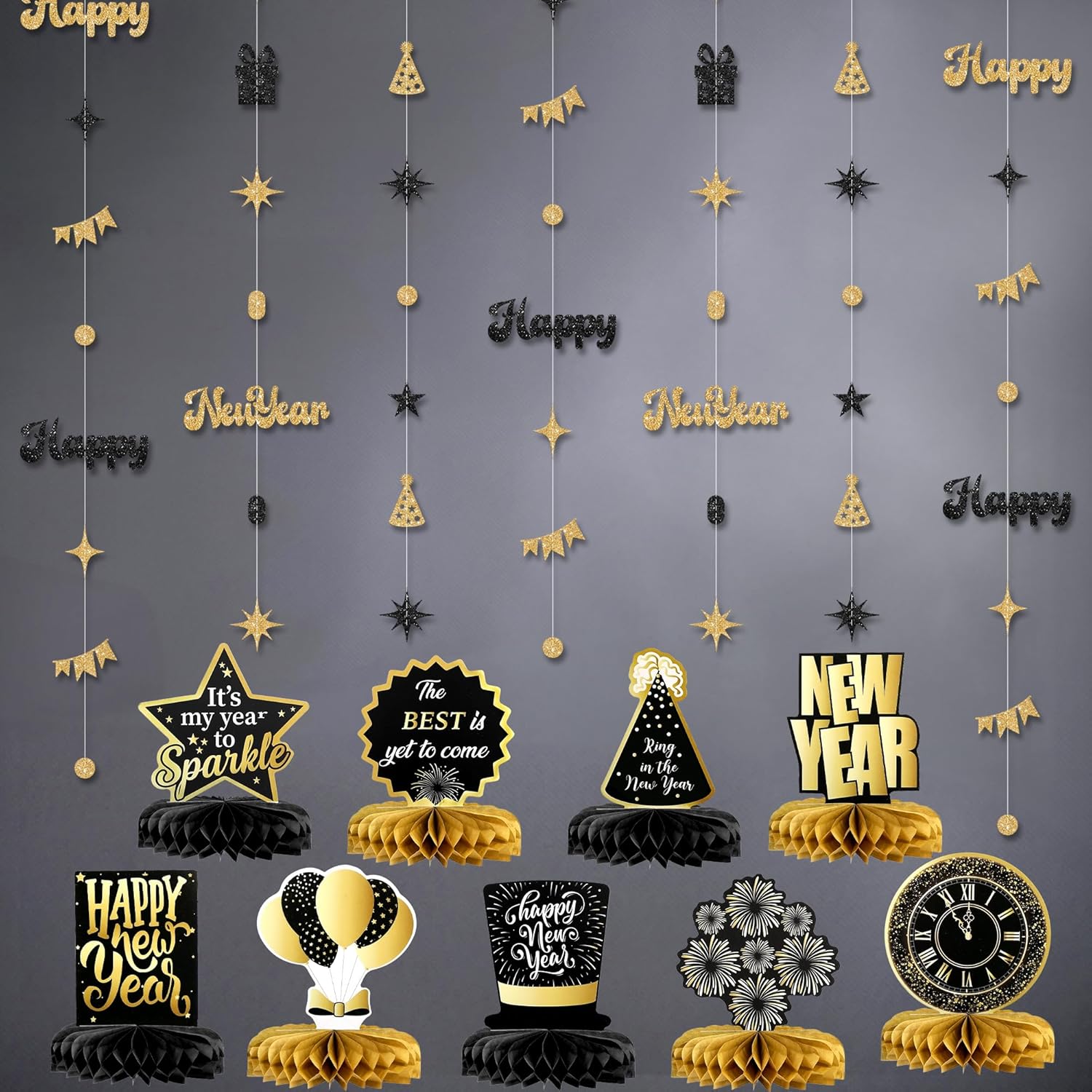 KatchOn, Pack of 18, Glitter Happy New Years Garland | Happy New Year Banner with Huge New Years Centerpieces for Tables | New Year Table Decorations 2026 | NYE Decorations 2026