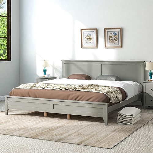 Base de cama de plataforma de madera de estilo rústico tamaño King con cabecero, soporte de listones de madera maciza, camas de plataforma moderna y disponible en Yaxa El Salvador
