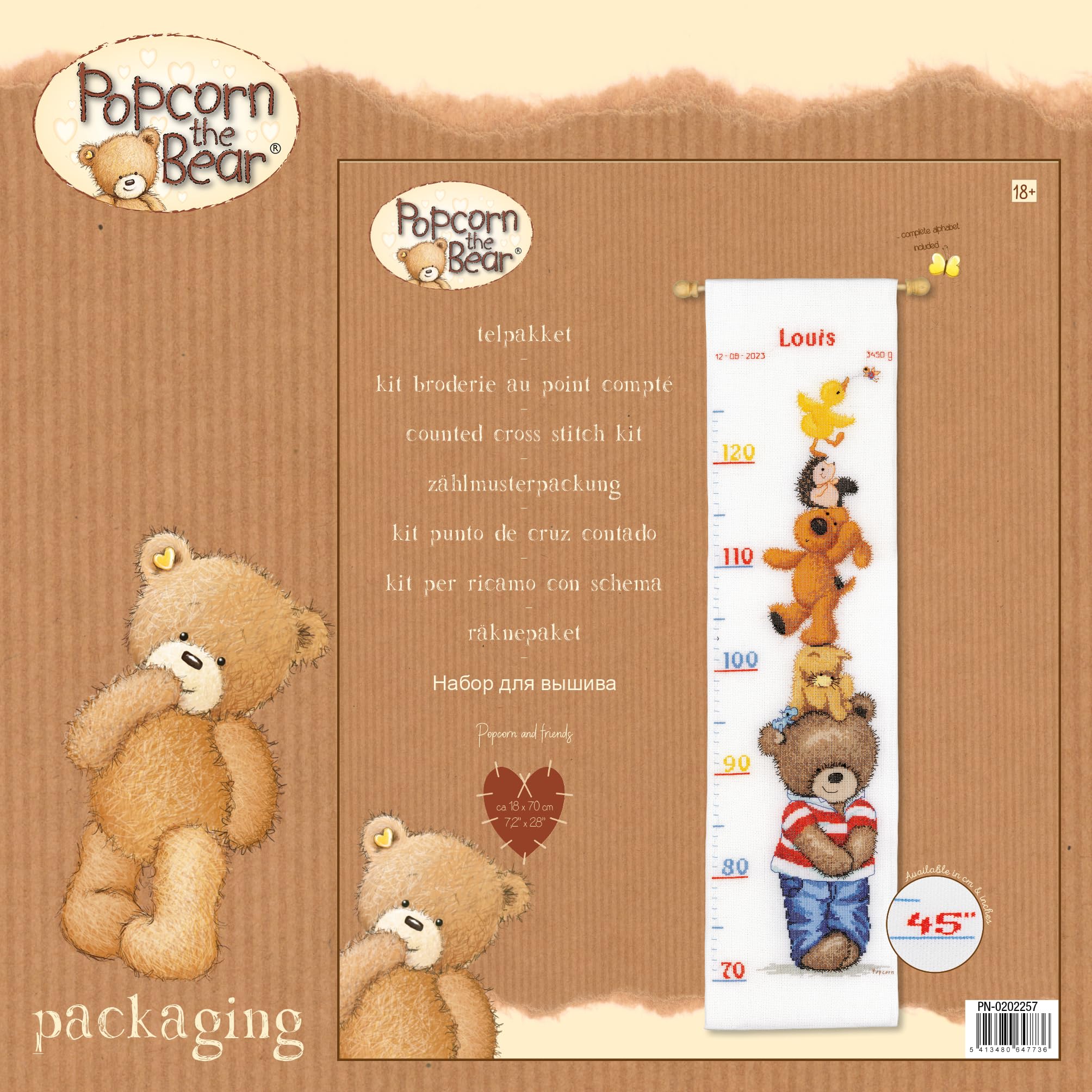 VERVACO Haft Krzyżykowy Liczony Zestaw Miarka Wzrostu dla Dzieci POPCORN I PRZYJACIELE Zrób to Sam Zestaw Kreatywny dla Dorosłych 18 x 70 cm Dekoracja Ścienna DIY Cross Stitch Kit