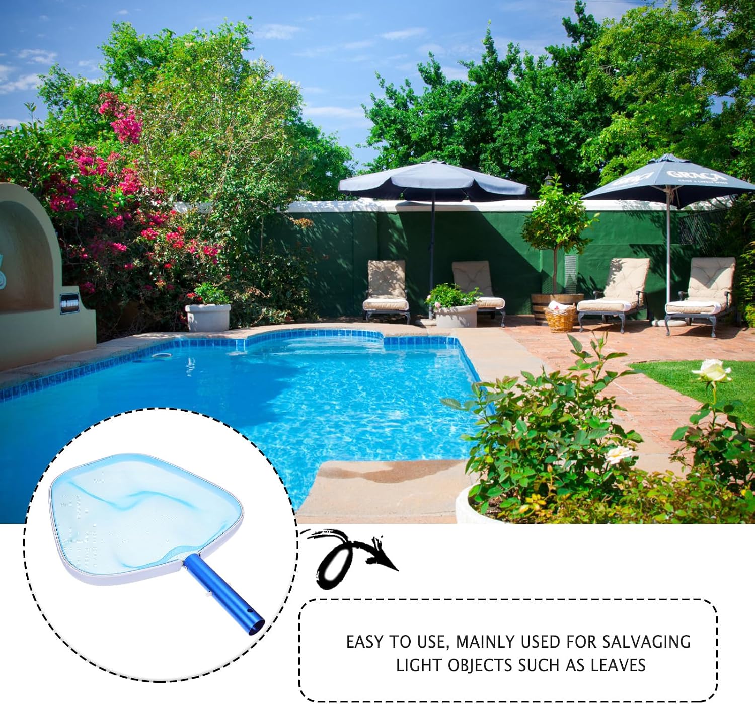 MERRYHAPY Aluminum Edge Pool Skimmer Net with Fine Catching Mesh for Swimming Pool and Fish Pond Cleaning Shallow Water Leaf Rake Tool and Spa Maintenance