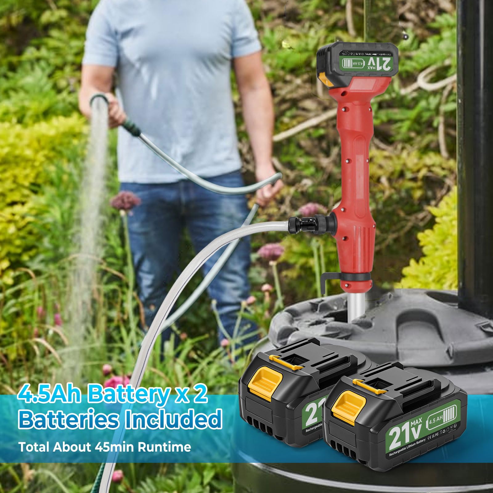 Pompe à eau sans fil à tige, pompe submersible portative pour puits profond, pompe de puisard utilitaire à haut débit 2725 L/h avec 2 × batteries rechargeables de 4,5 Ah pour jardin, étang, bateau