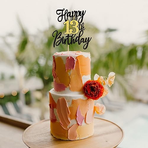 Miniatura 4 de 1 pieza de decoración de pastel de feliz cumpleaños 13, decoración de pastel de cumpleaños 13, decoración de pastel de brillo negro y dorado,
