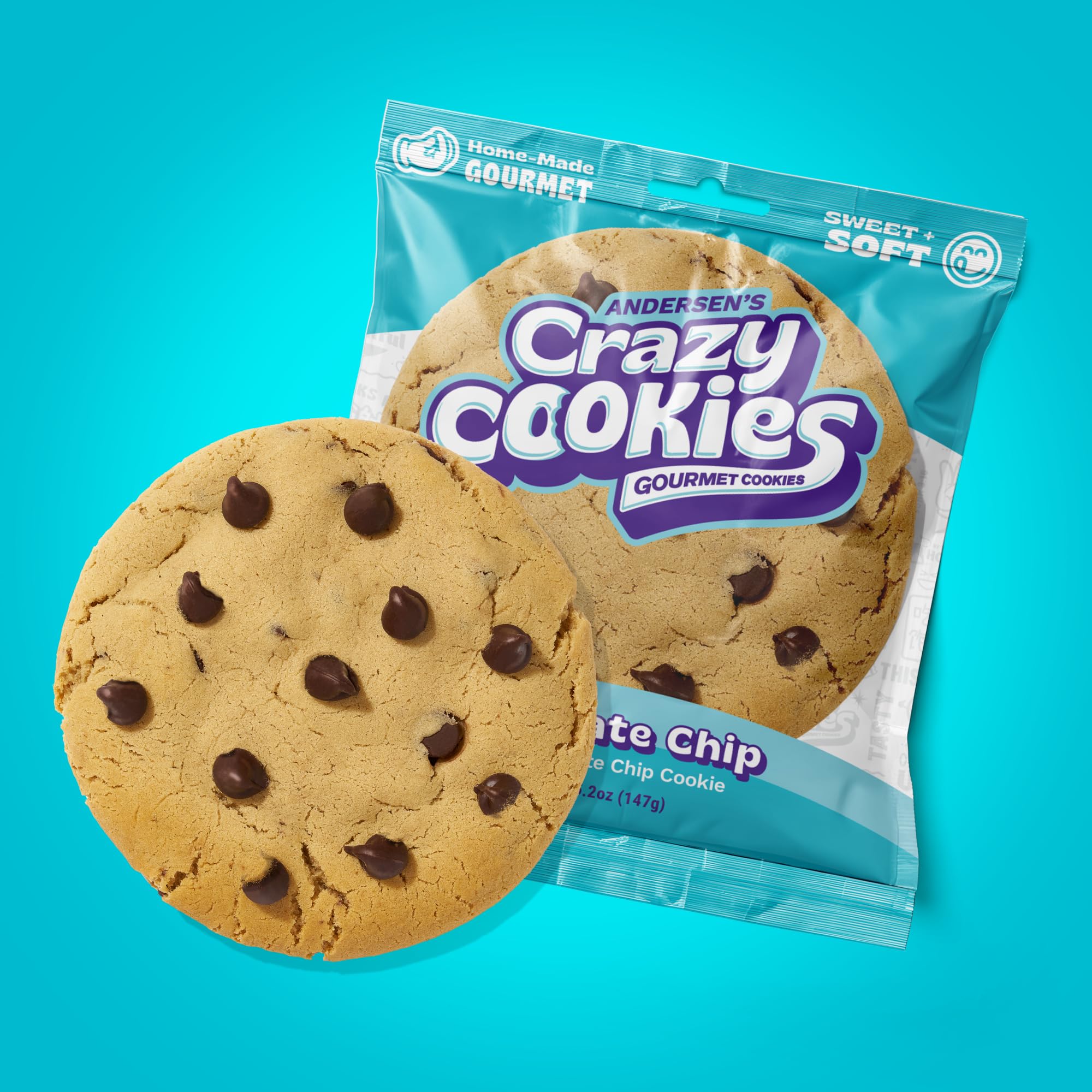Amazon.com: Andersen's Crazy Cookies Chocolate Chip Cookie, Premium  Gourmet, 5.2 oz, Individually Wrapped : Grocery & Gourmet Food
