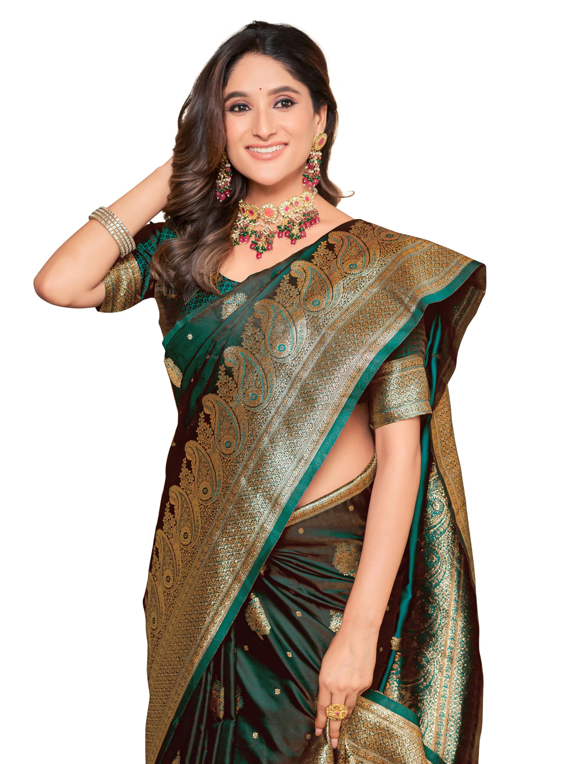Glory Sarees Banarasi Damen-Sari, Satin, Seide, elegant verarbeitet, anmutiges Design mit Blusenteil (Satin Silk_Parent)