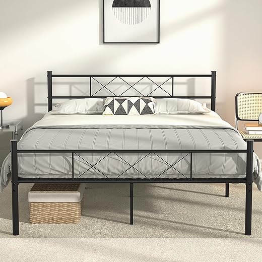 VECELO Full Size Platform Bed Frame with Headboard, Heavy-Duty Mattress Foundation with Strong Metal Slats, No Box Spring Needed, Easy Assembly, Black