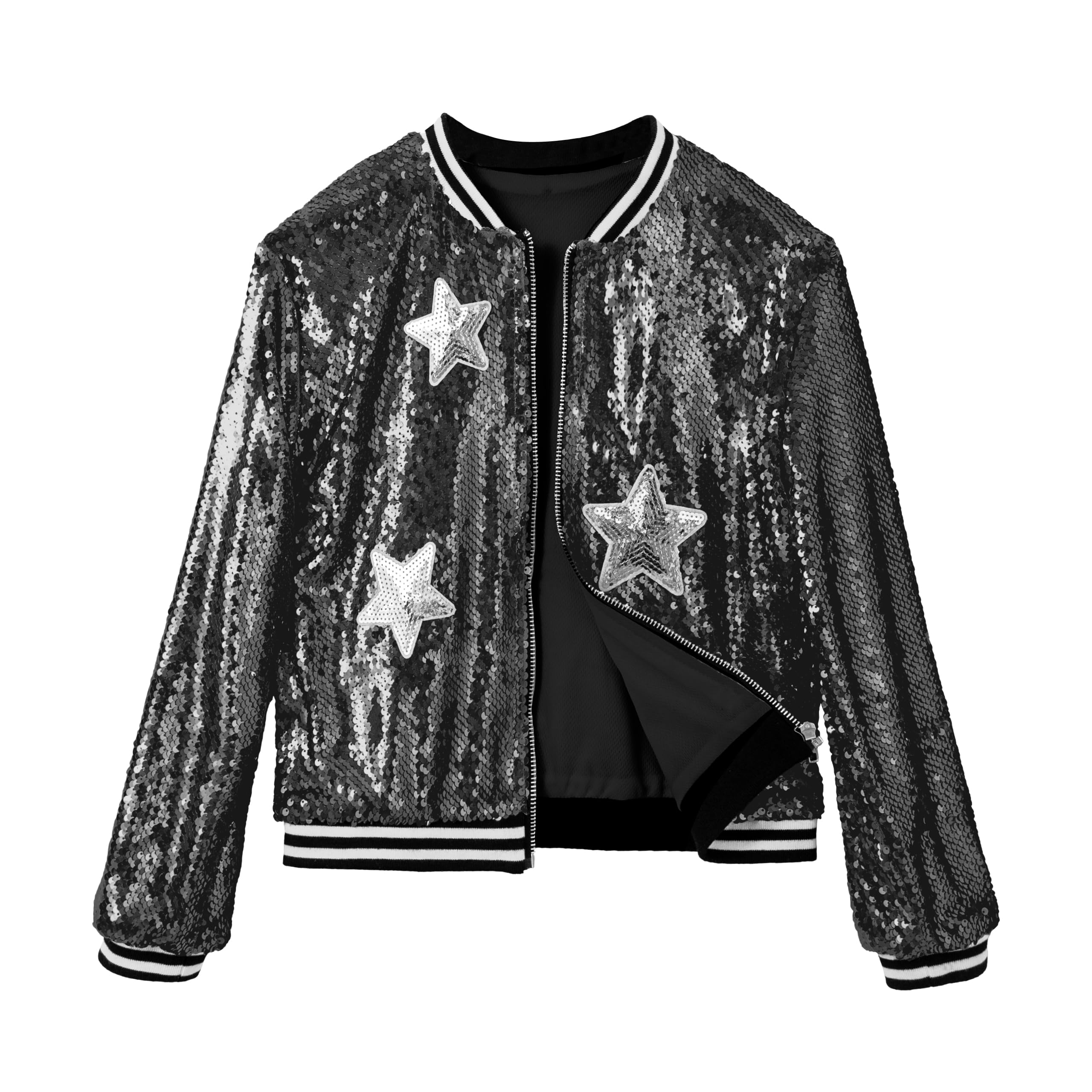 LOLANTA Niñas Lentejuelas Bomber Chaqueta con Bolsillos Cremallera Manga Larga Sparkle Béisbol Chaquetas para Niños 4-11 años
