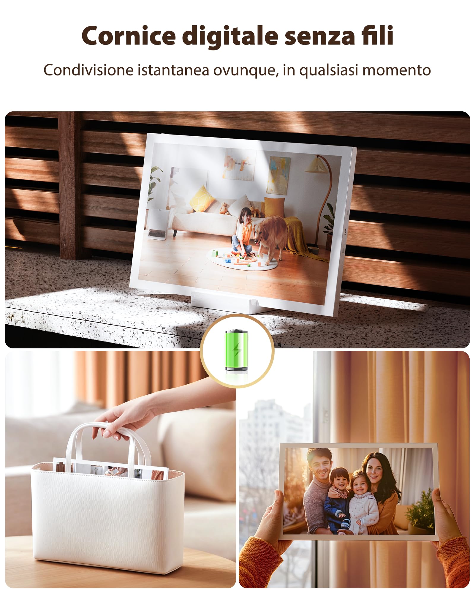 Cornice Digitale WiFi NGTeco 10.1", Ricaricabile Senza Fili con Batteria 5000mAh, Base Wireless, Schermo Touch IPS HD, Rotazione Automatica, Condivisione con App Frameo