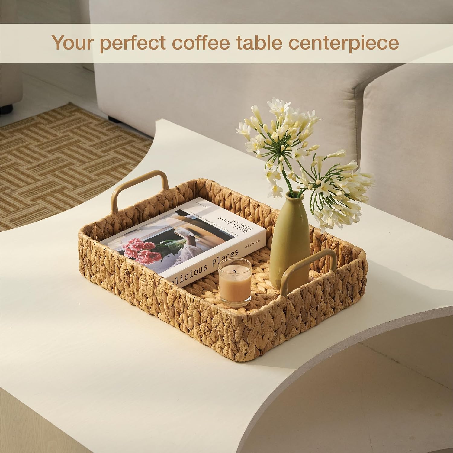 Set of 2 Rectangular Wicker Trays with Handles and 2 Gallon Wicker Trash Can with Lid and Liner, Natural