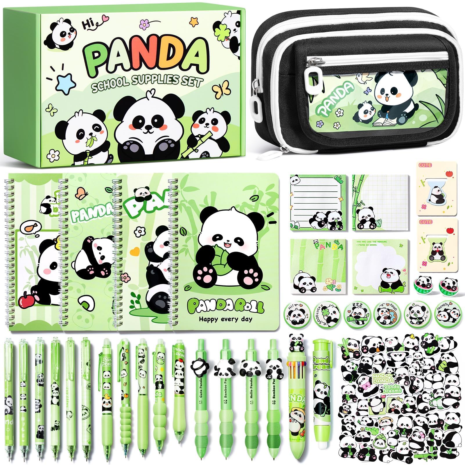 Fimibuke Kids School Supplies for Girls Boys, 36PCS Cute Panda Stationery Set with Pencil Case Gel Pens Pencils Stickers Pins Notebooks Sticky Notes Kawaii Birthday Gifts for Kindergarten Elementary