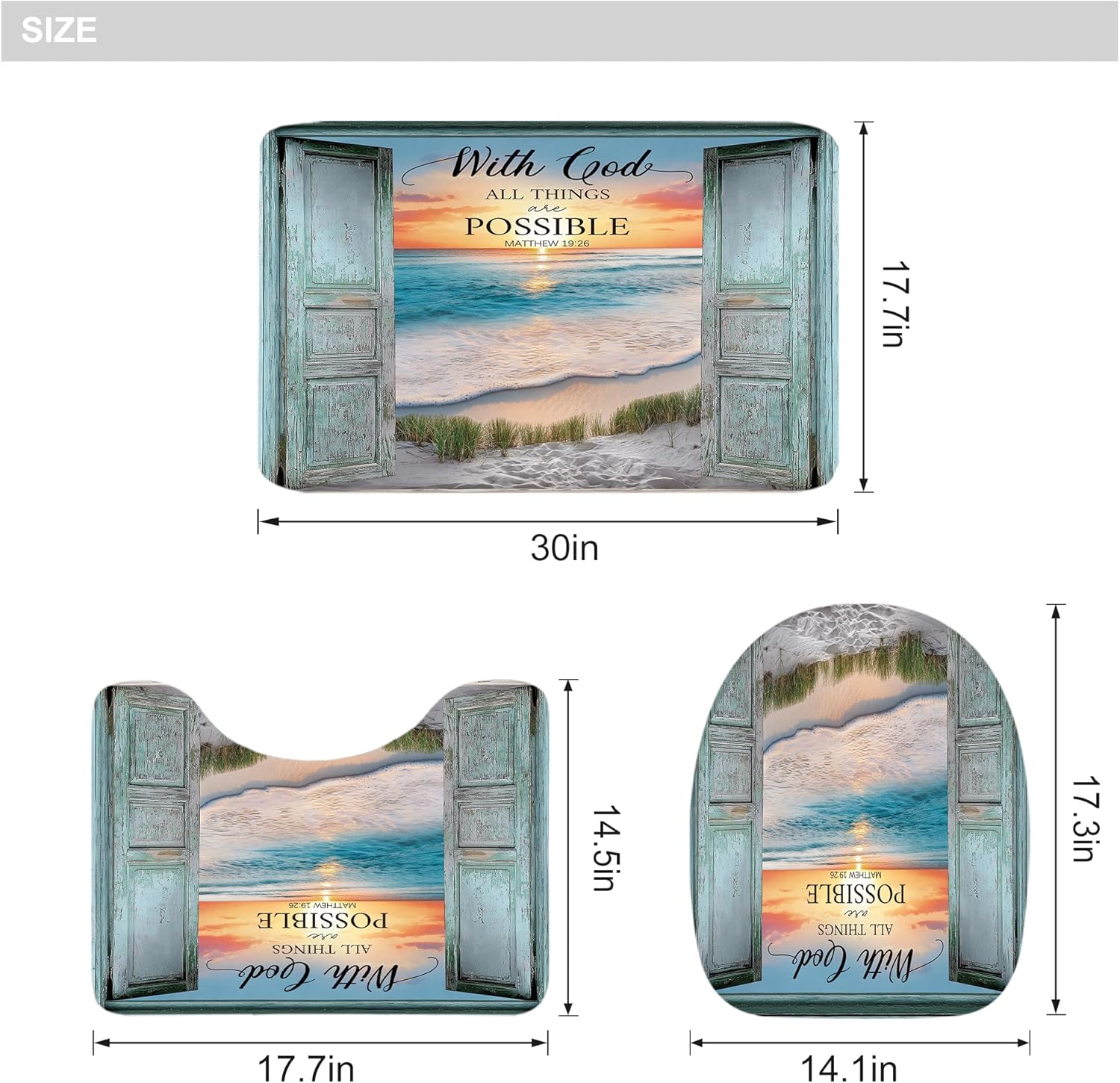 Riyidecor Barn Door Bible Verse 4Pcs Bathroom Shower Curtain Sets Christian Teal Beach Ocean Bathroom Decor Set with Rugs and Accessories Nautical Toilet Lid Rug, Contour and Bath Mat with 12 Hooks