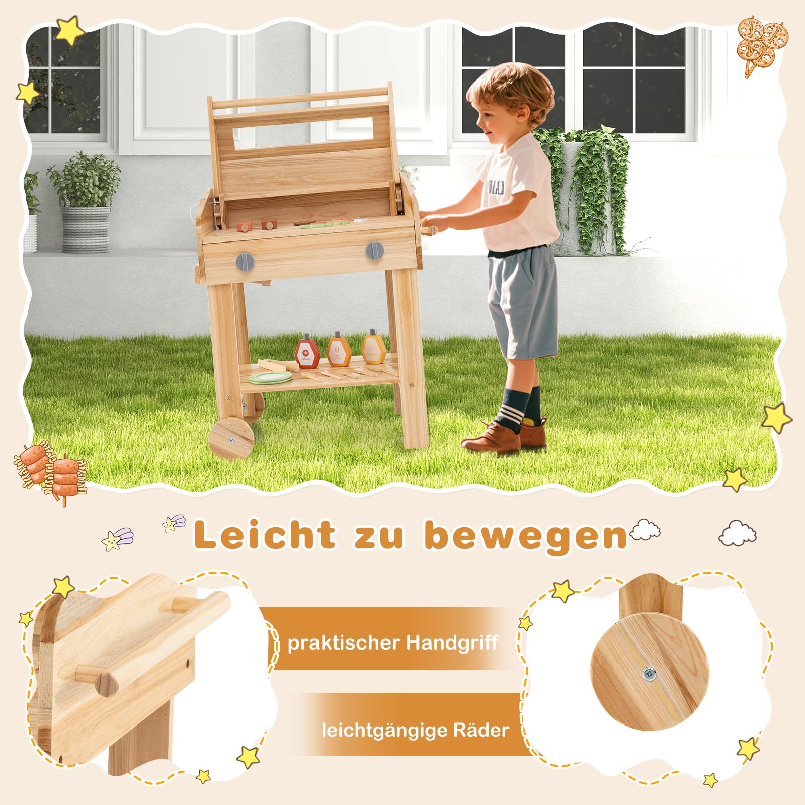 DREAMADE Kindergrill aus Holz, BBQ Grill Spielzeugset mit Grillwerkzeugen & Gewürzflaschen, Küchen-Rollenspielset mit 25 Zubehörteilen & Rädern, für Kinder ab 3 Jahren
