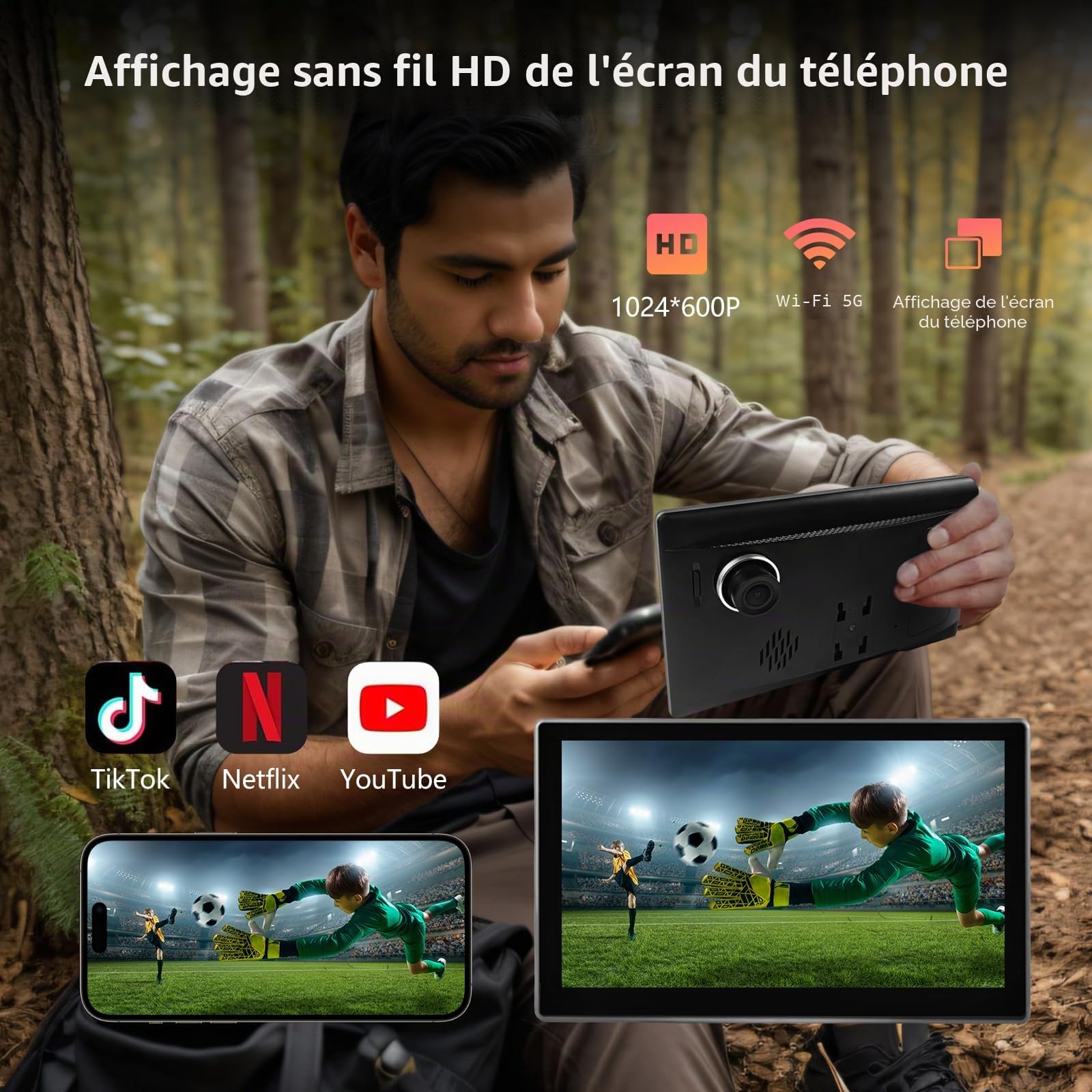 Écran de voiture portable 9" CarPlay/Android Écran tactile IPS HD avec caméra embarquée 4K et caméra de recul 1080p, Commande vocale BT FM Mirror Link pour tous les véhicules