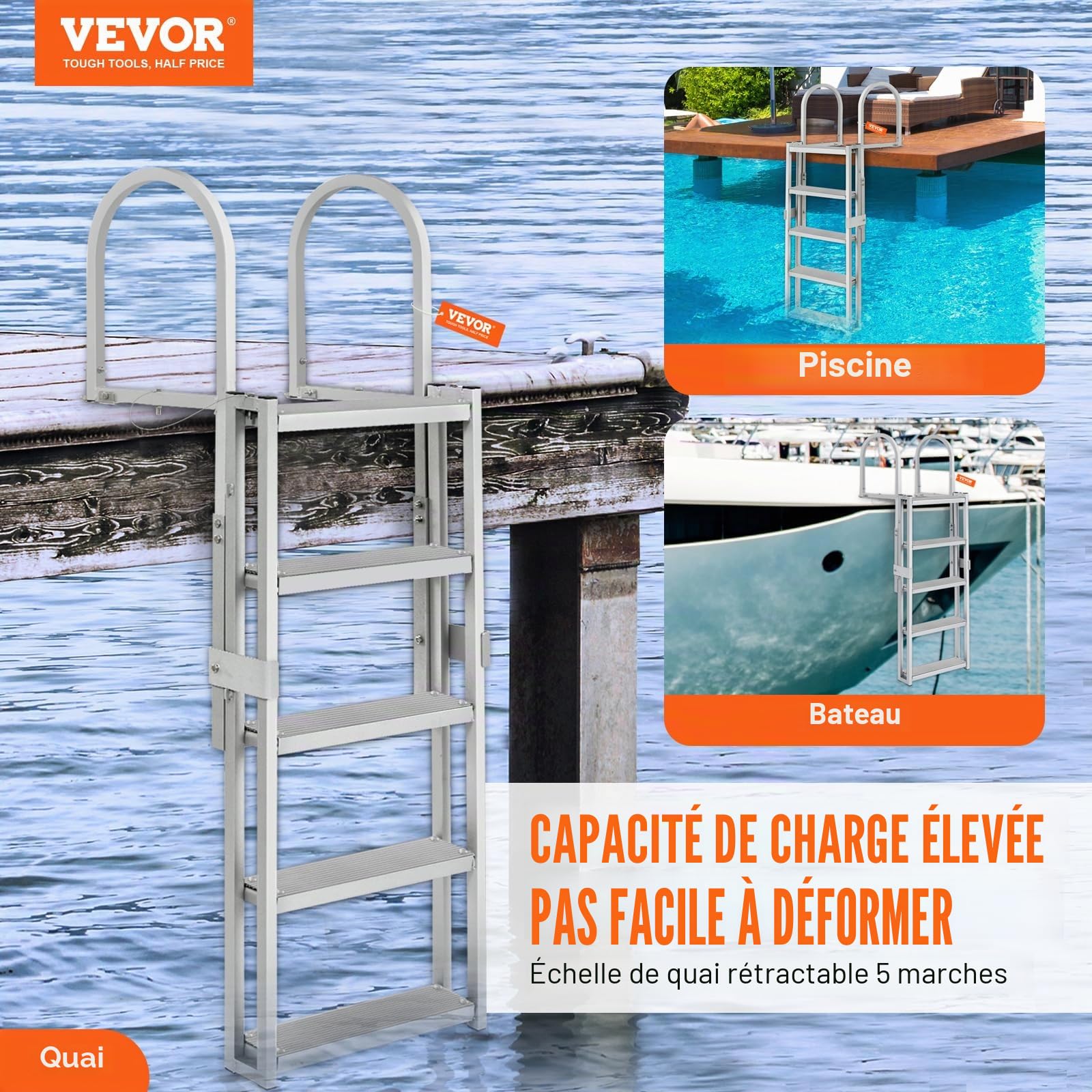 VEVOR Échelle de quai rétractable 5 marches, capacité de charge 350 lb 158 kg, échelle de bateau ponton alliage d'aluminium hauteur réglable 1700-2005 mm marche 101 mm pour embarquement bateau piscine