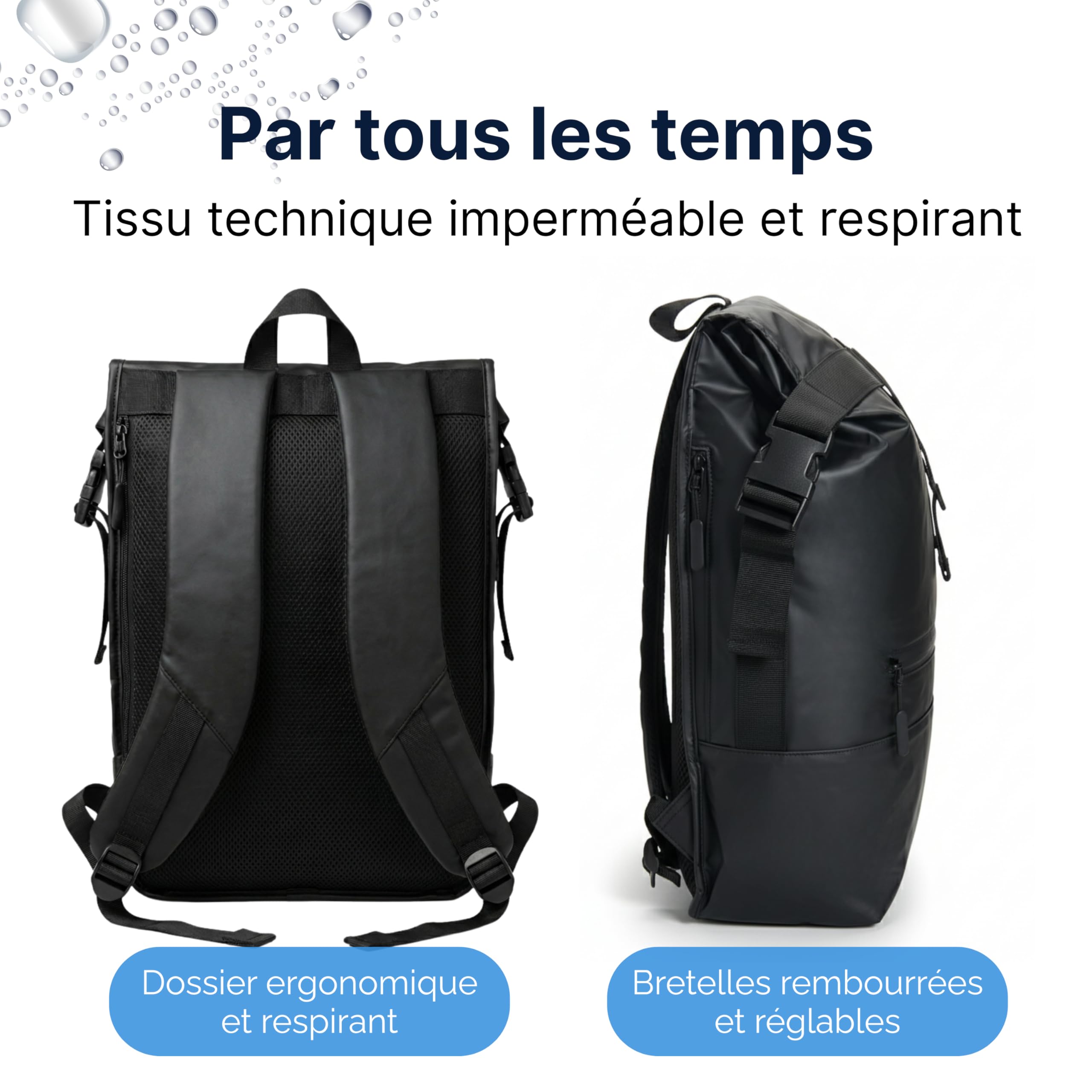 MASC Sac à dos Rolltop pour bureau, sac à dos de travail, porte-PC 17 pouces, élégant et imperméable, parfait pour homme et femme