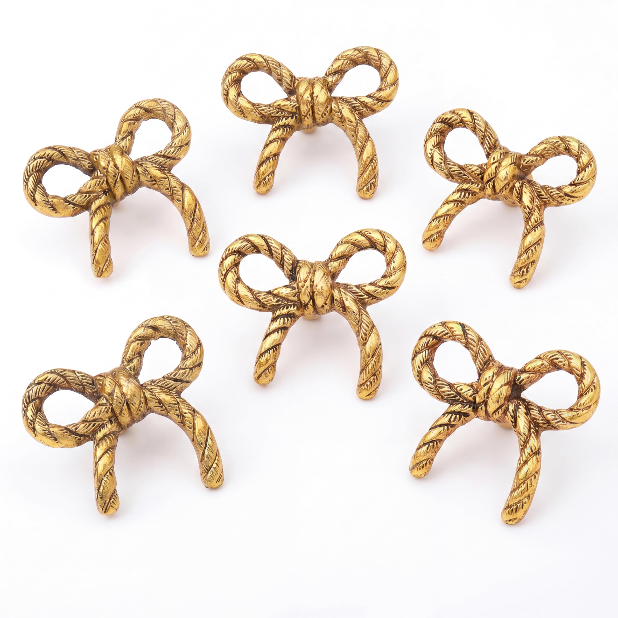 Indian-Shelf 6 Pieces Metal Gold Bow Drawer Knobs for Kitchen Robe Cabinet Hardware Nursery Door Decorative Tie Kids Dresser Knobs Pulls Premium Vintage Knob-image-37