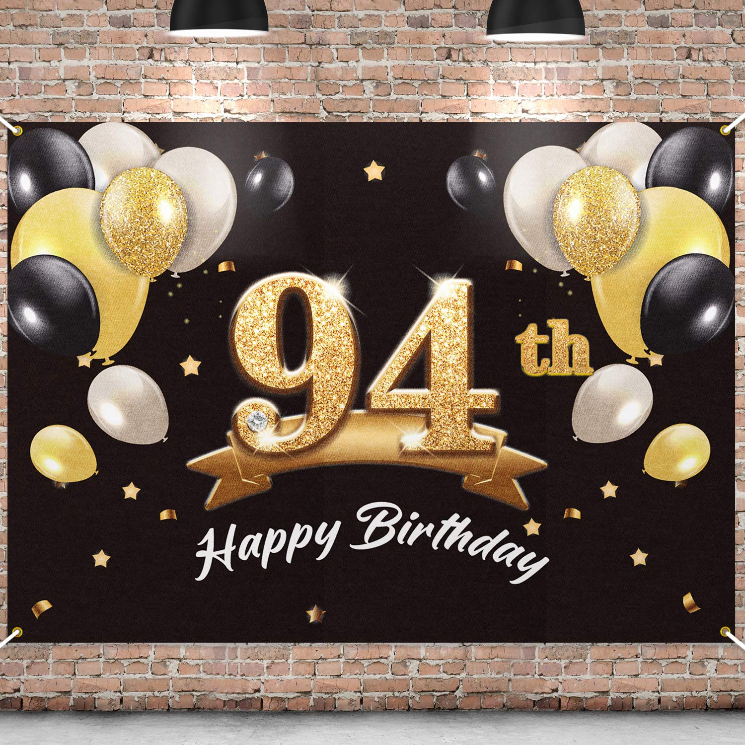 PAKBOOM Happy 94th Birthday Banner Backdrop - 94 Birthday Party Decorations Supplies for Men - Black Gold 4 x 6ft